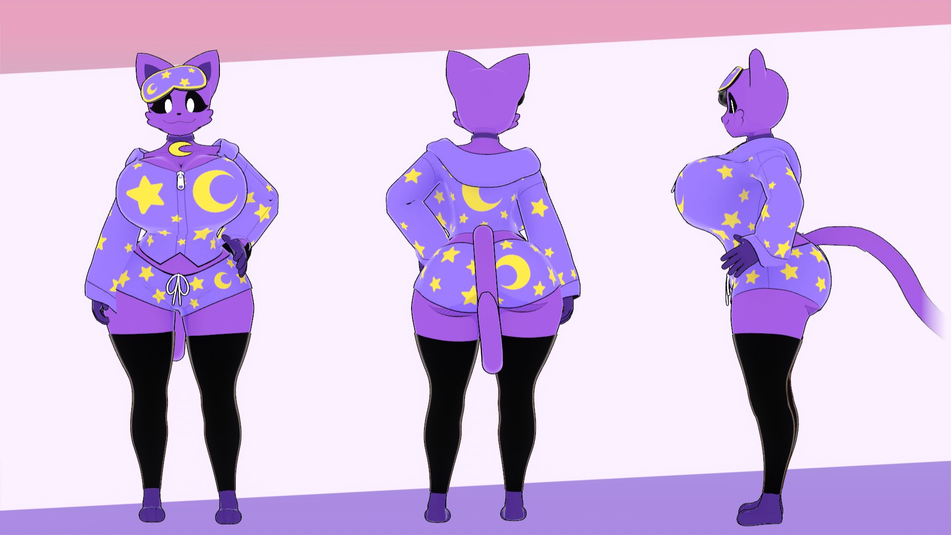 16:9, 1girls, 2025, 2025s, 3d, 3d (artwork), abstract background, anthro, anthro female, anthrofied, ass, big ass, big breasts, big butt, biped, black clothing, black legwear, black sclera, black thigh highs, black thighhighs, blue clothing, blue pajamas, breasts, cat, cat ears, cat girl, cat tail, catgirl, catnap, catnap (poppy playtime), clothed, clothed anthro, clothed female, clothing, crescent moon, critters (poppy playtime), digital drawing (artwork), digital media (artwork), domestic cat, dorthy (theycallhimcake), felid, feline, felis, female, female anthro, female focus, female only, front view, full-length portrait, fur, furry, furry female, hand on hip, hi res, huge breasts, jewelry, legwear, mammal, mob entertainment, mob games, moon necklace, moon pendant, necklace, no humans, pajamas, pendant, poppy playtime, poppy playtime (chapter 3), portrait, purple body, purple fur, rear view, rule 63, side view, smiling critters, solo, solo female, solo focus, standing, tail, theycallhimcake, thick thighs, thigh highs, thighhighs, thighs, turnaround, video games, vrchat, vrchat model, white eyes, white pupils, wide hips, widescreen