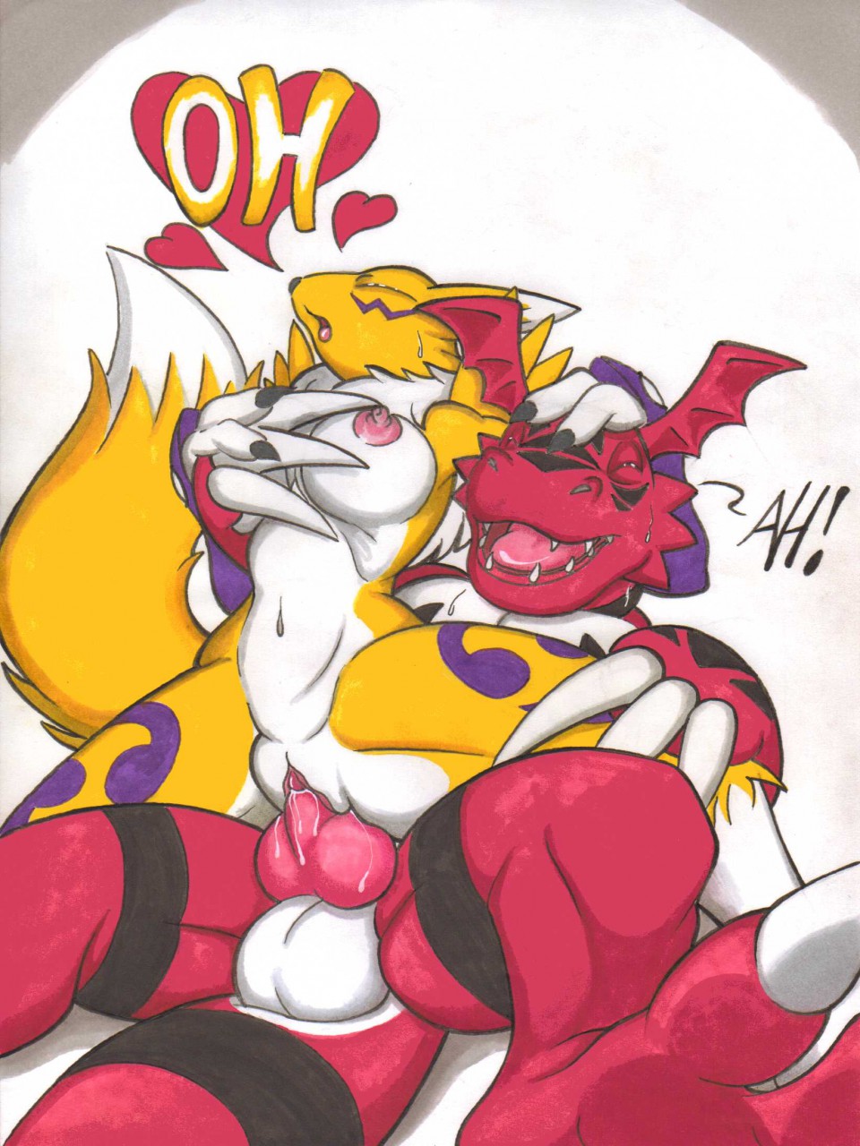 2014 anthro balls bandai boxice breasts closed_eyes digimon duo female fur guilmon heart knot male navel nipples on_top open_mouth penetration penis pussy pussy_juice renamon reverse_cowgirl_position scalie sex straight text vaginal_penetration vaginal_penetration yellow_fur