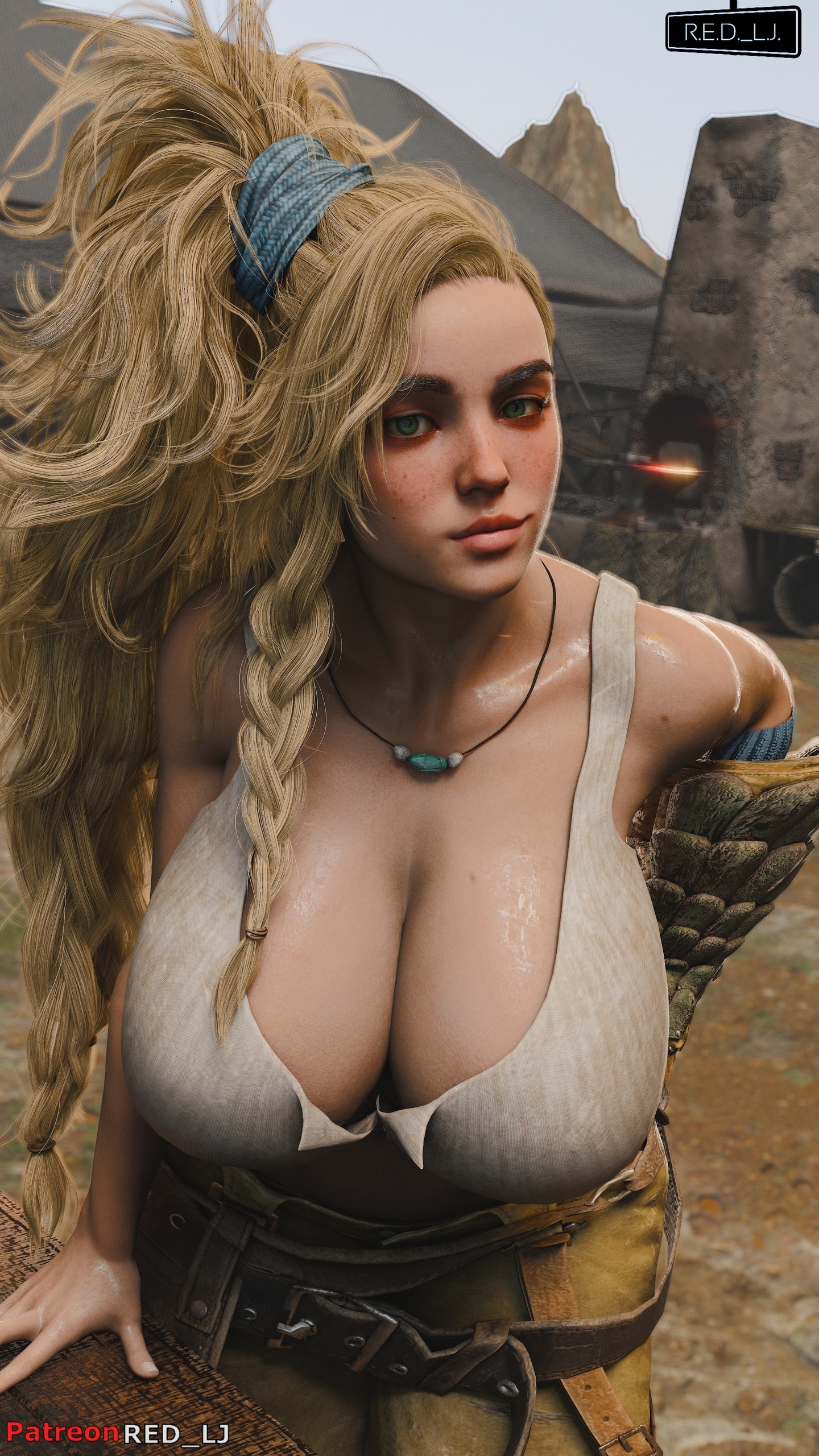 1girls, 3d, 3d (artwork), blender (software), breast focus, breasts, capcom, female, gemma (monster hunter wilds), lips, long hair, monster hunter, monster hunter wilds, red lj