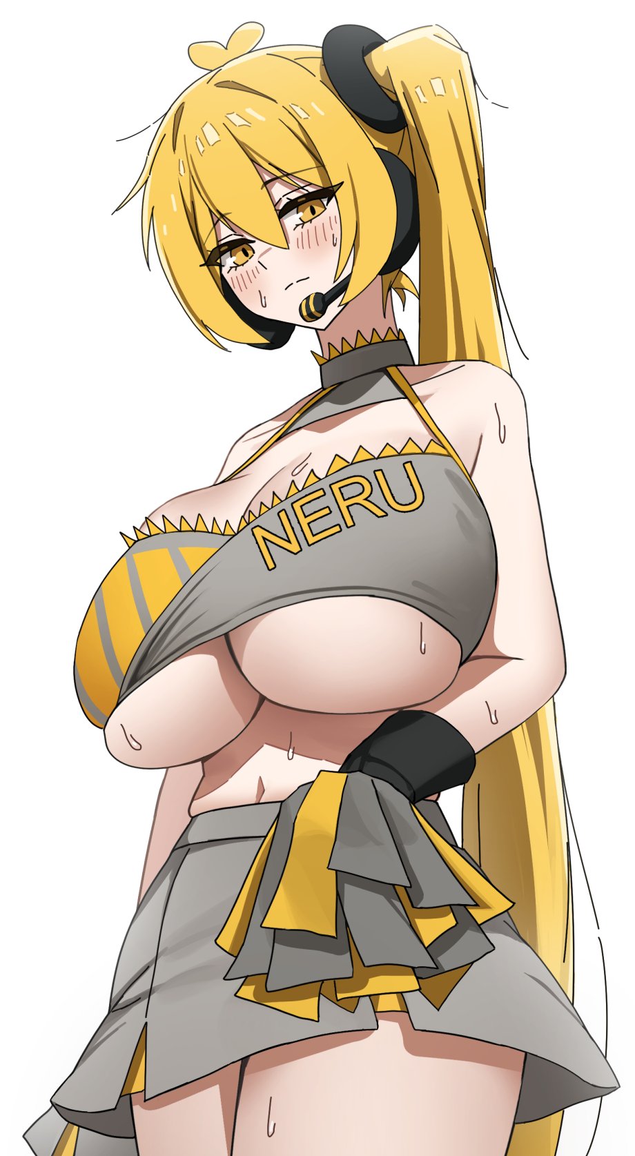 1girls, akita neru, blonde hair, blush, breasts, busty, cheerleader uniform, cleavage, dotthebot, female, female only, gigantic breasts, huge breasts, light skin, light-skinned female, looking at viewer, side ponytail, skirt, solo, sweat, tied hair, top heavy, underboob, vocaloid, yellow eyes