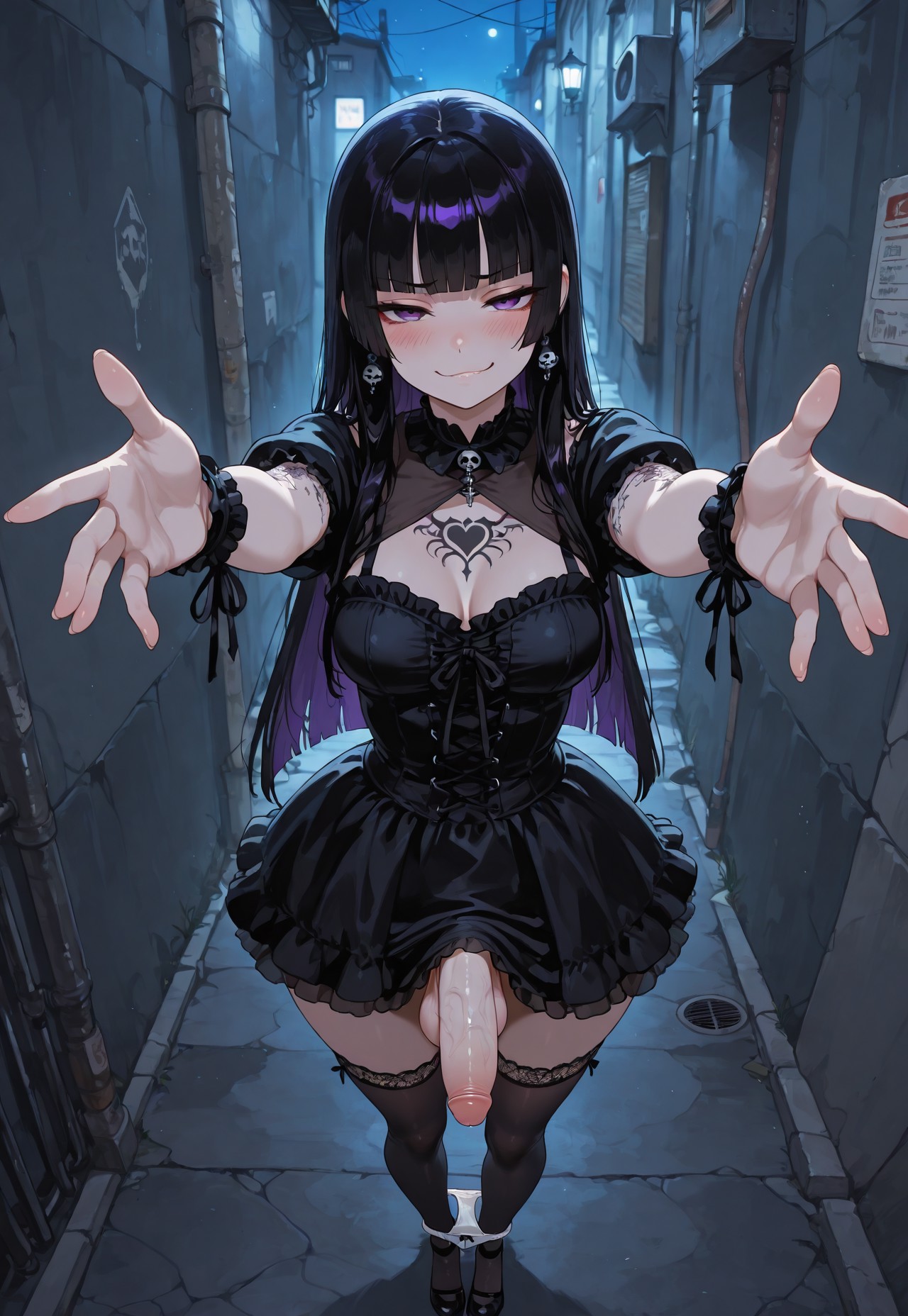 1futa, ai generated, back alley, balls, big penis, black dress, black hair, breasts, dark alley, dress, female, flaccid, from above, futa only, futanari, goth, goth futa, goth girl (jamesbron), high-angle view, hime cut, intersex, jamesbron, large penis, legwear, long hair, looking at viewer, medium breasts, night, outdoors, panties, panties around ankles, panties down, penis, purple eyes, reaching towards viewer, ribbon panties, smile, smug, solo, solo futa, standing, stockings, tattoo, thighhighs, thighs, white panties, wide hips