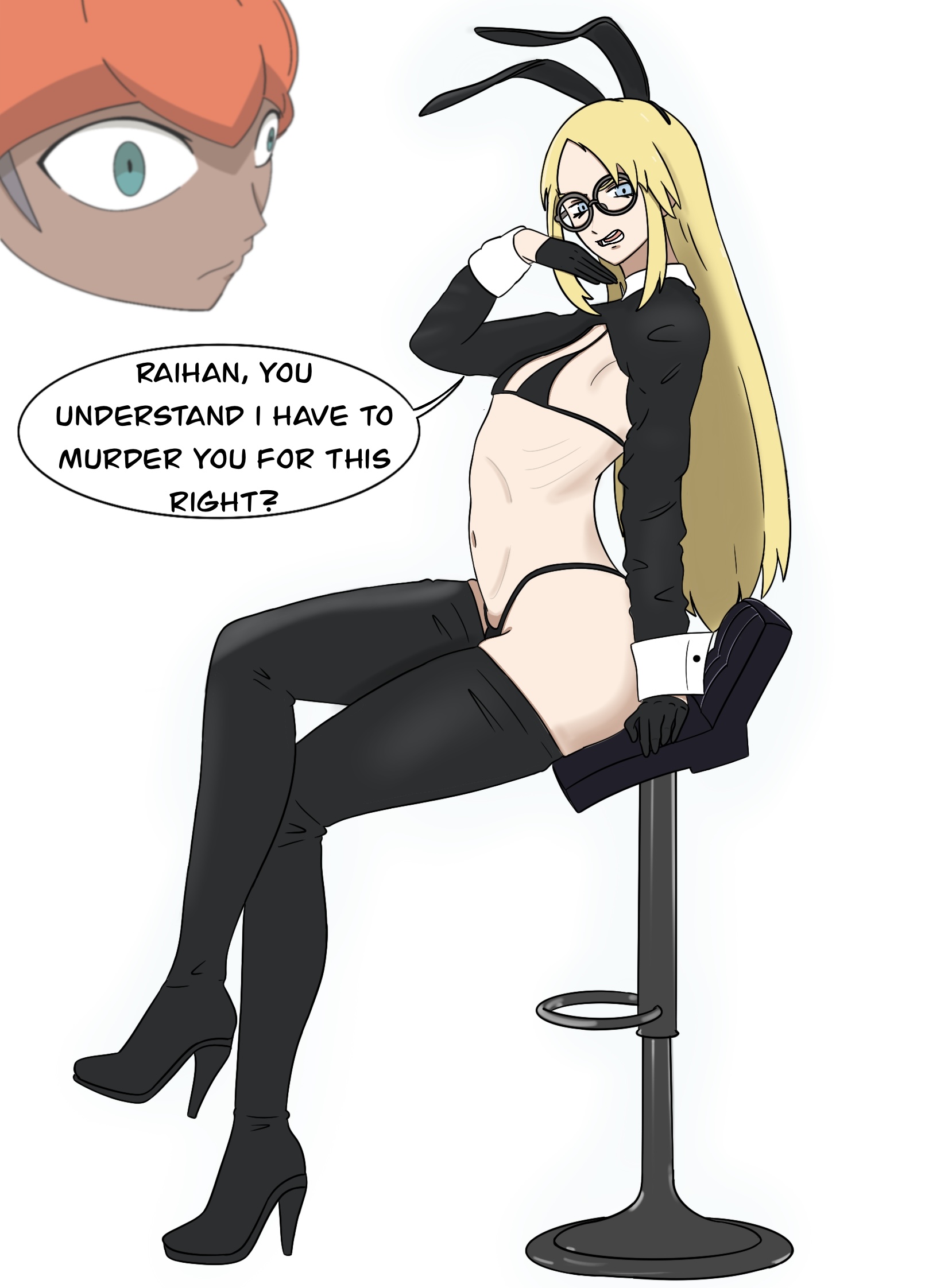 2boys, avery (pokemon), blonde hair, bunnysuit, high heel boots, kneevirus, male, pokemon, raihan (pokemon), self upload, stool, string bikini, twink
