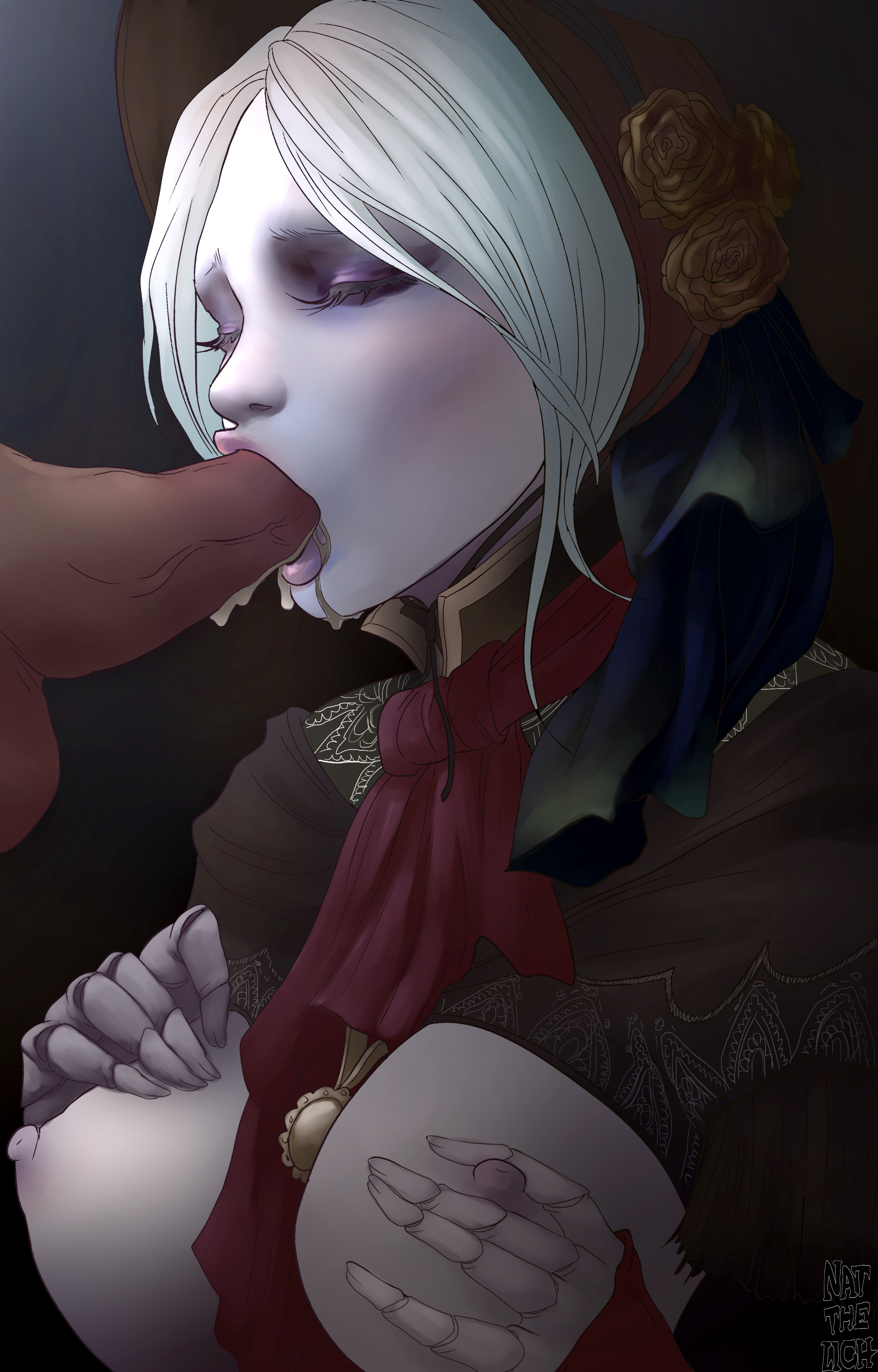 1girls, 2d, absurdres, areolae, bloodborne, bonnet, breasts, closed eyes, clothed sex, clothing, cum, cum in mouth, cum inside, doll, doll joints, erection, fellatio, female, fromsoftware, highres, male, natthelich, nipples, oral, penis, plain doll, sex, shawl, straight