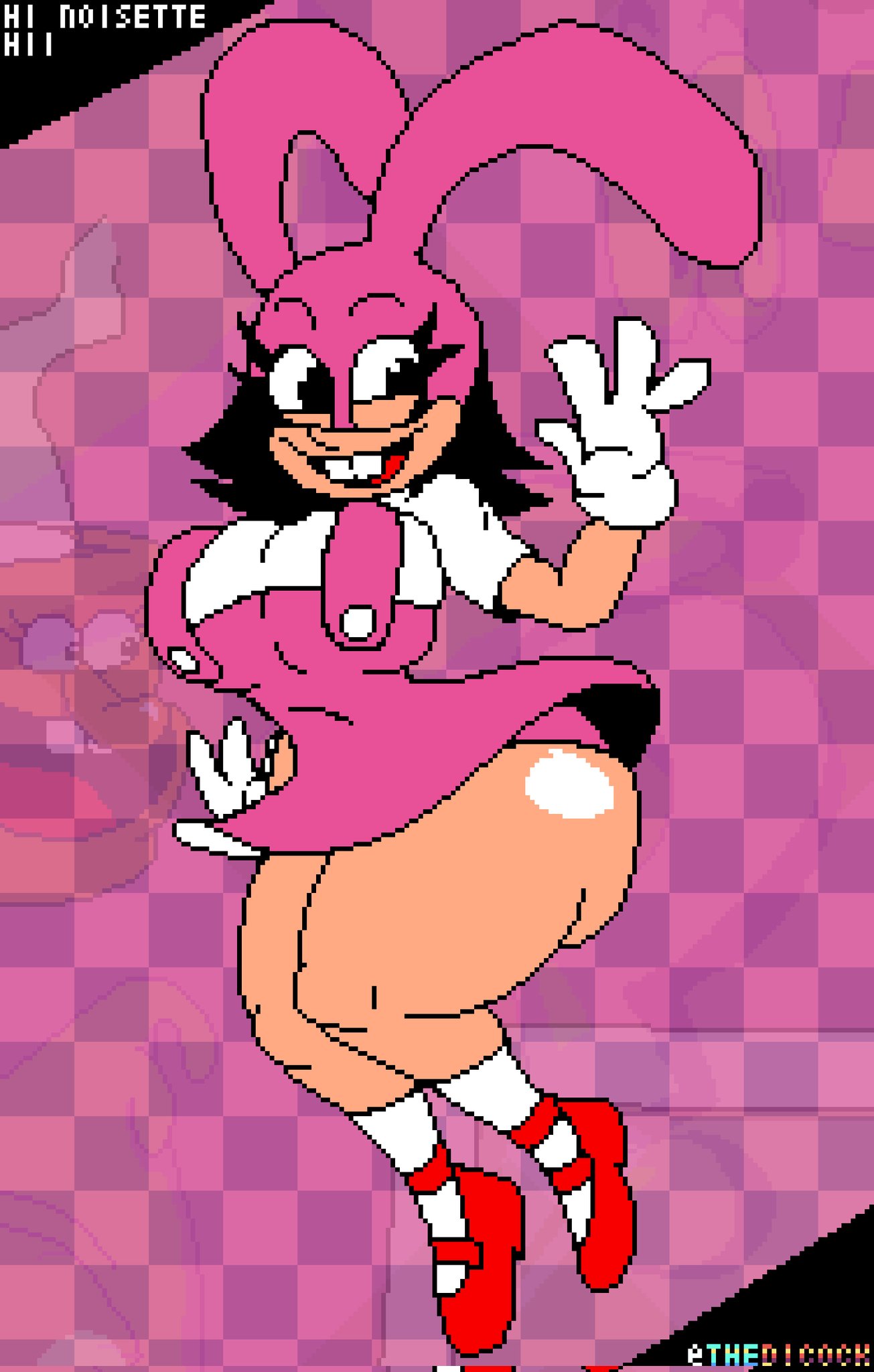 ass, breasts, cute face, dancing, female, large ass, large breasts, noisette (pizza tower), pink background, pizza tower, thedicock