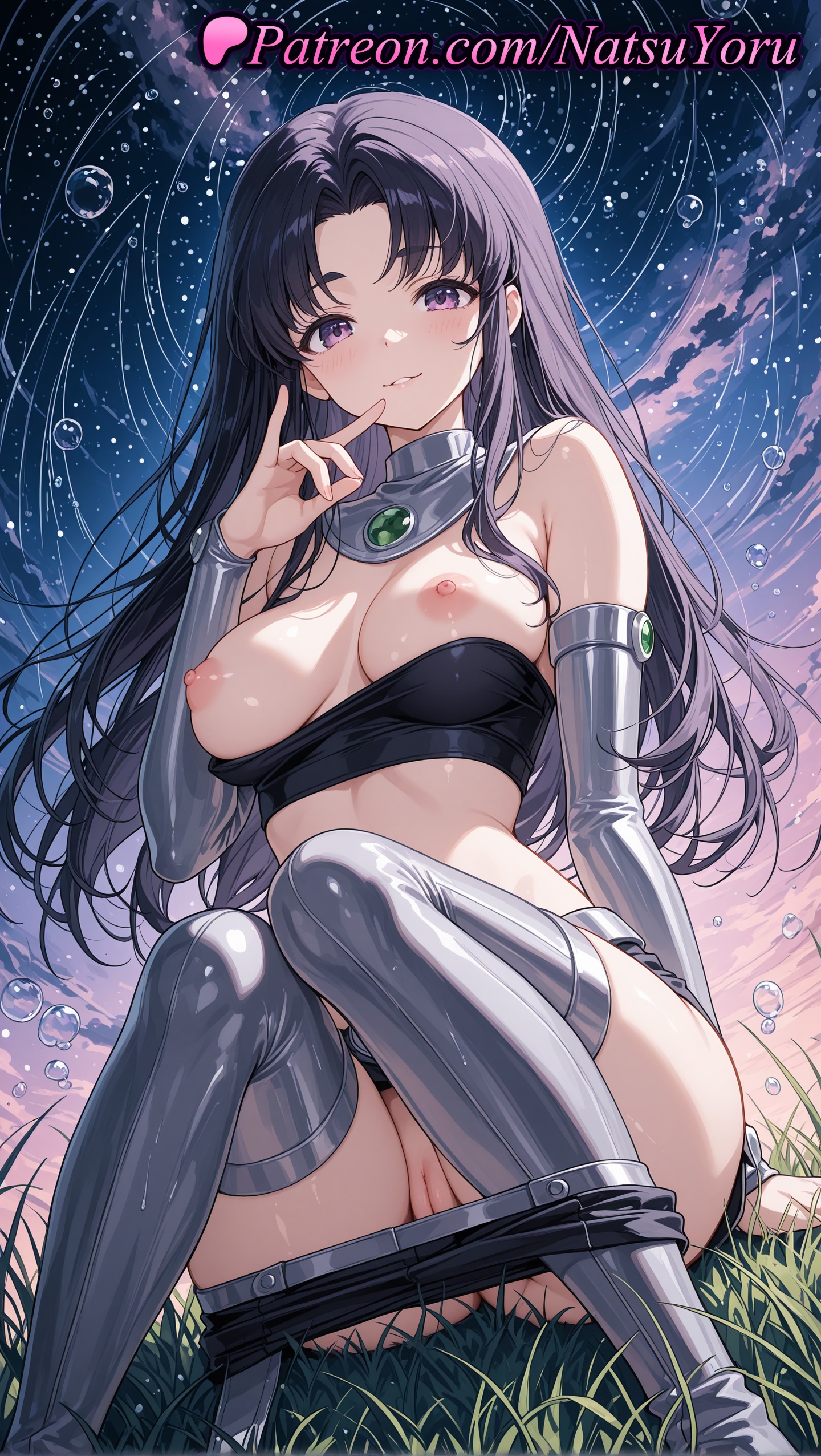 1girls, 2025, ai generated, arm at side, bandeau, bangs, bare shoulders, black hair, black shorts, blackfire, breasts, clothes pull, dc, dc comics, detached sleeves, female, gem, grass, hand up, hi res, highres, komand'r, long hair, looking at viewer, medium breasts, natsuyoru, night, nipples, outdoors, parted bangs, parted lips, patreon, purple eyes, pussy, shorts, shorts pull, sitting, sky, smile, solo, star (sky), starry sky, teen titans, thighhighs, thighs, uncensored, vagina, voluptuous, voluptuous female, warner brothers