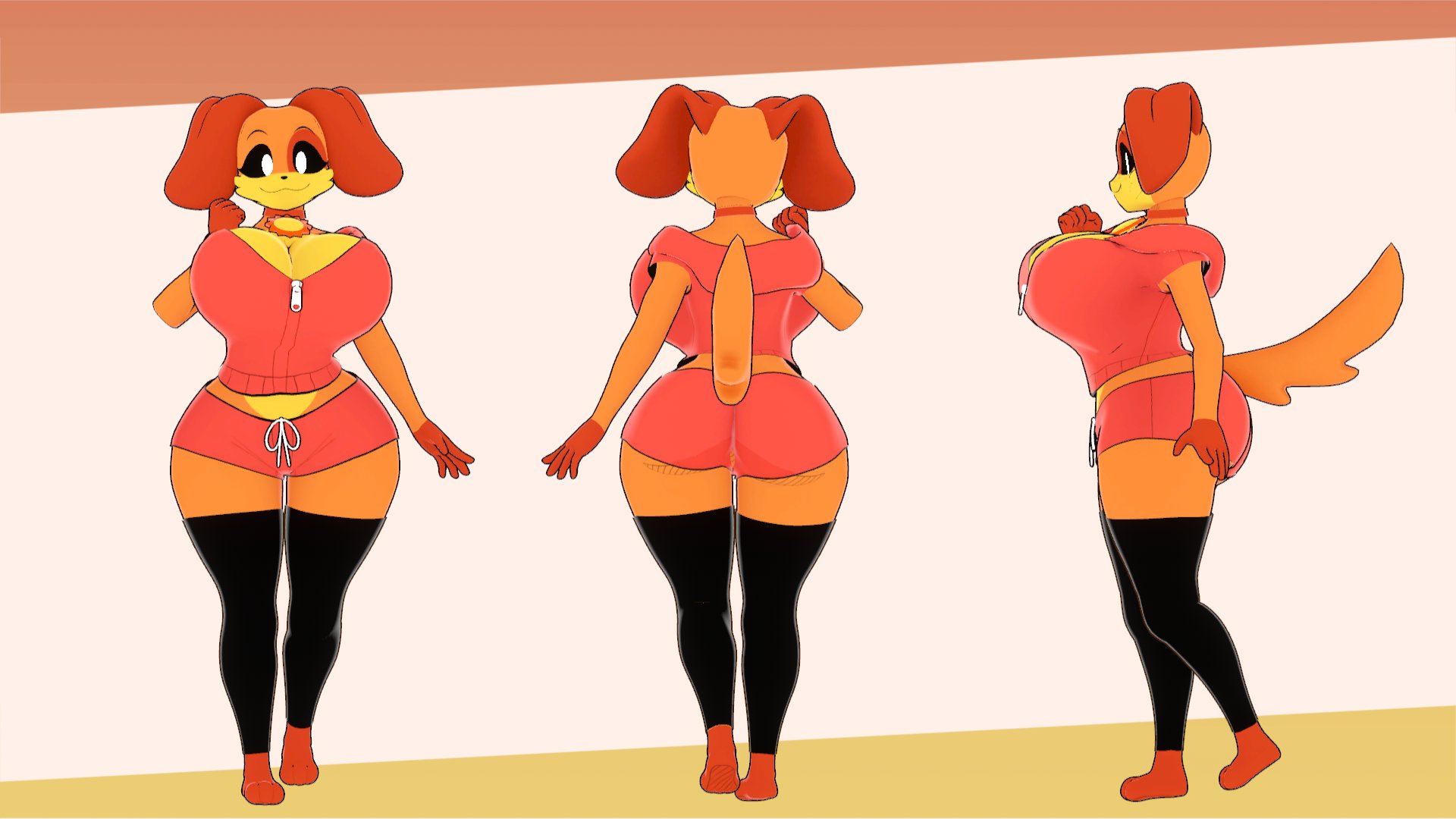 16:9, 1female, 1girl, 1girls, 2025, 2025s, 3d, 3d (artwork), abstract background, anthro, anthro female, anthrofied, ass, big ass, big breasts, big butt, biped, black clothing, black legwear, black sclera, black thigh highs, black thighhighs, breasts, brown ears, butt, canid, canine, canis, clothed, clothed anthro, clothed female, clothing, critters (poppy playtime), crossgender, digital drawing (artwork), digital media (artwork), dog, dog ears, dog girl, dog tail, dogday, dogday (poppy playtime), doggirl, domestic dog, female, female anthro, female focus, female only, front view, full-length portrait, fur, furry, furry female, hi res, huge breasts, jewelry, legwear, mammal, mob entertainment, mob games, necklace, nilly (theycallhimcake), no humans, orange body, orange fur, pendant, poppy playtime, poppy playtime (chapter 3), portrait, rear view, red clothing, side view, smiling critters, solo, solo female, solo focus, standing, sun necklace, sun pendant, tail, theycallhimcake, thick thighs, thigh highs, thighhighs, thighs, turnaround, video games, vrchat, vrchat model, white eyes, white pupils, wide hips, widescreen, yellow body, yellow fur
