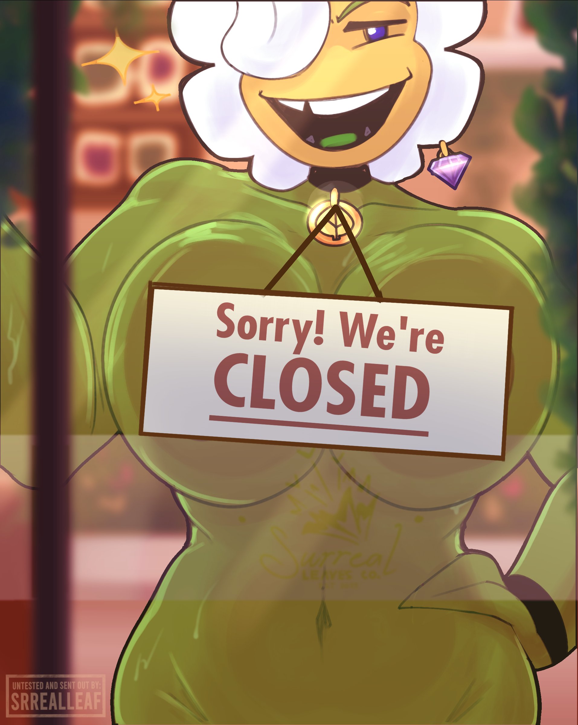 1girls, against glass, anthro, anthrofied, ass, blurry background, breasts, breasts on glass, female, flora fauna, hidden nipples, marigold (pvz), on glass, plant, plant girl, plant humanoid, plantie, plants vs zombies, plants vs. zombies, popcap games, pressed on glass, sign, solo, srrealleaf