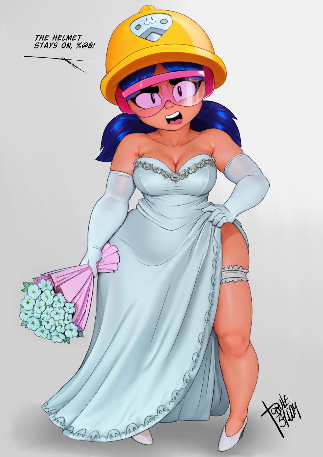 2d, 2d (artwork), brawl stars, cleavage, clothed, clothed female, clothing, dialogue, flower, jacky (brawl stars), looking at viewer, revealing, revealing breasts, revealing clothes, supercell, swear, swearing, text, text bubble, thigh, thighs, thighs bigger than torso, tinted eyewear, torule34, video games, wedding, wedding dress, wife, wife material