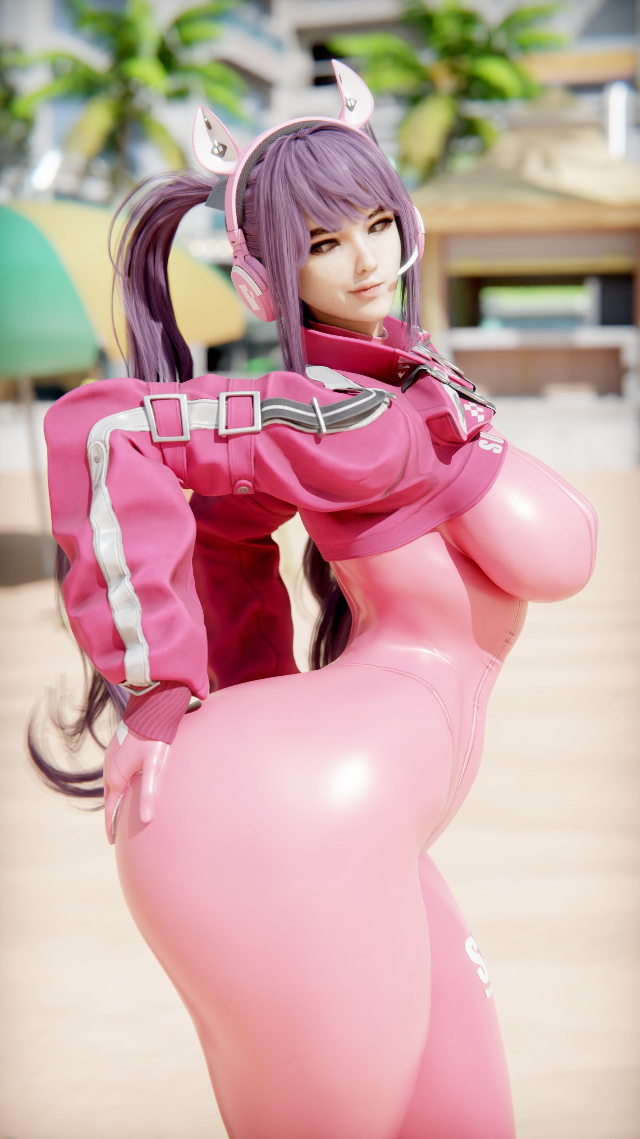 1girls, 3d, 3d (artwork), alice (nikke) (cosplay), ass, big ass, big breasts, breasts, cosplay, curvy, curvy figure, eve (stellar blade), female, female focus, female only, goddess of victory: nikke, headphones, latex, r3xstone, stellar blade, thick thighs, thighs, voluptuous, voluptuous female
