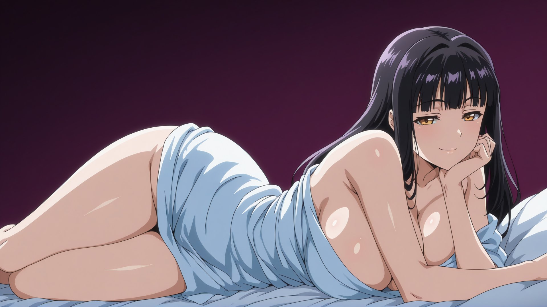 1girls, accurate art style, adult, adult female, ai generated, arm support, bare chest, bare legs, bare shoulders, bed, bed sheet, bedroom, big breasts, black hair, blunt bangs, breasts, brown eyes, busty, child bearing hips, cleavage, curvaceous, curvy, curvy female, curvy figure, ebihara urara, female, female only, hand on face, hand on own face, head rest, high resolution, hime cut, hourglass figure, hourglass figured female, huge breasts, long hair, looking at viewer, lying on side, mature, mature female, milf, narrowed eyes, naughty, naughty face, naughty smile, on side, pervygrapes, plain background, purple background, rin x sen, rin x sen + ran - sem cross mix, sagging breasts, seducing, seductive, seductive body, seductive eyes, seductive gaze, seductive look, seductive mouth, seductive pose, seductive smile, simple background, slim waist, solo, uncensored, under covers, very long hair, voluptuous, voluptuous female, wide hips, young adult, young adult female
