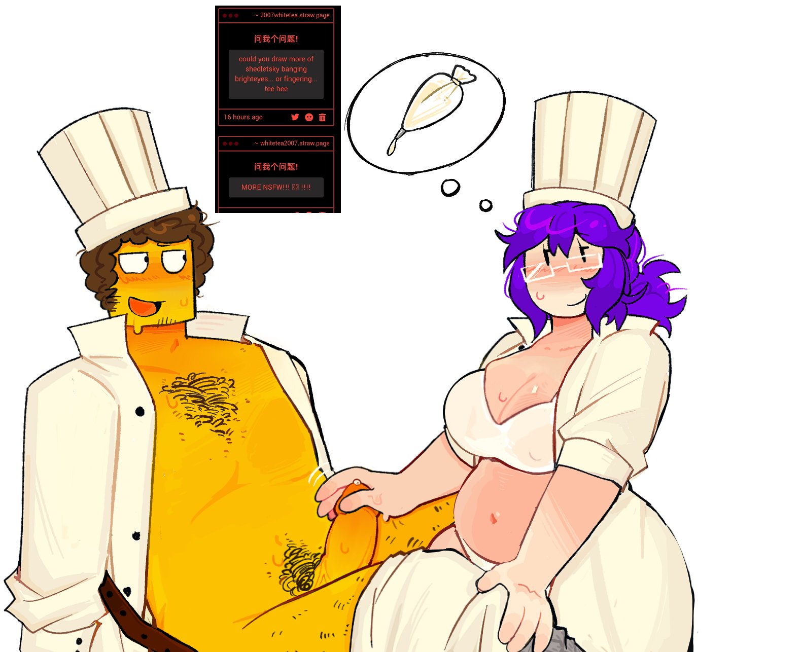 1boy, 1girls, big breasts, brighteyes, brown hair, chef hat, chubby, chubby female, cleavage, dick, hairy male, husband and wife, jerking, open clothes, pants down, penis, purple hair, request, roblox, roblox admins, robloxian, shedletsky, stomach, straight, strawpage request, sweat, thought bubble, white clothing, whitetea2007, yellow body
