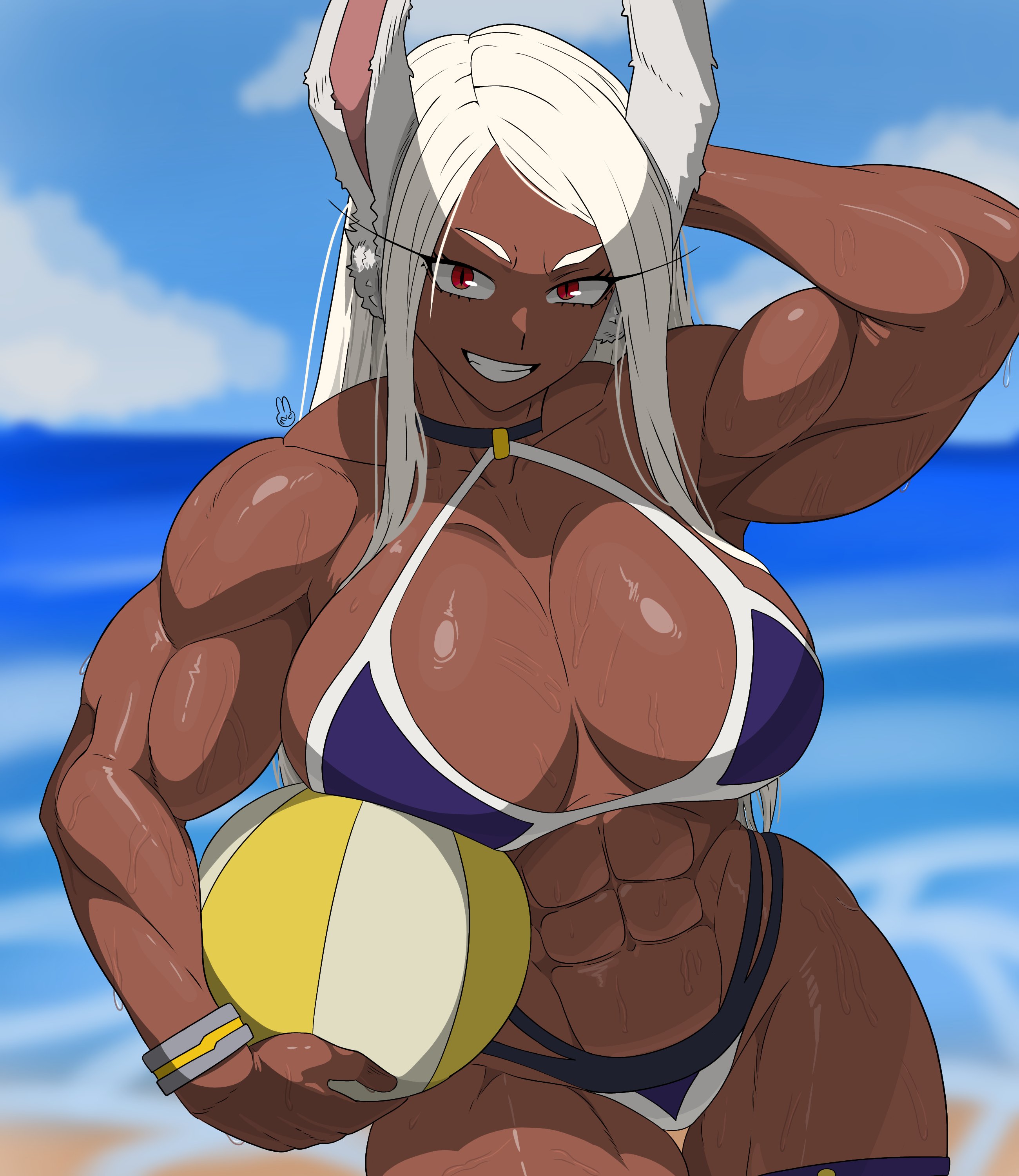 1girl, abs, absurdres, ass, ball, beach, beachball, biceps, big ass, big breasts, bikini, blurry, blurry background, boku no hero academia, breasts, breasts apart, brown body, cowboy shot, criss-cross halter, dark skin, dark-skinned female, female, female focus, female only, grin, halterneck, hamhamster25, hand in own hair, highres, hips, hips wider than shoulders, holding, holding ball, huge ass, huge breasts, inner sideboob, large breasts, long eyelashes, long hair, looking at viewer, mirko, miruko, mommy, muscular, muscular arms, muscular female, muscular thighs, my hero academia, navel, ocean, outdoors, rabbit ears, rabbit girl, red eyes, rumi usagiyama, sideboob, sky, smile, solo, sweat, swimsuit, thick thighs, thighs, toned, toned female, white hair