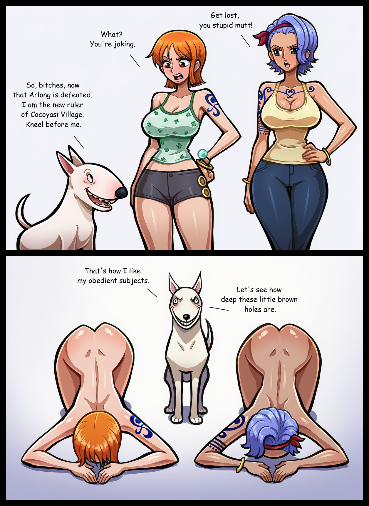 2025, 2d, annoyed, ass up, breasts, canid, canine, canis, cartoon, chakoozie, comic, dogeza, domestic dog, dominant feral, female, femsub, feral, flirting, human, male, maledom, naked, nami (one piece), nojiko, nude, offering sex, on all fours, one piece, seductive smile, speech bubble, submissive, tagme, talking, zoophilia