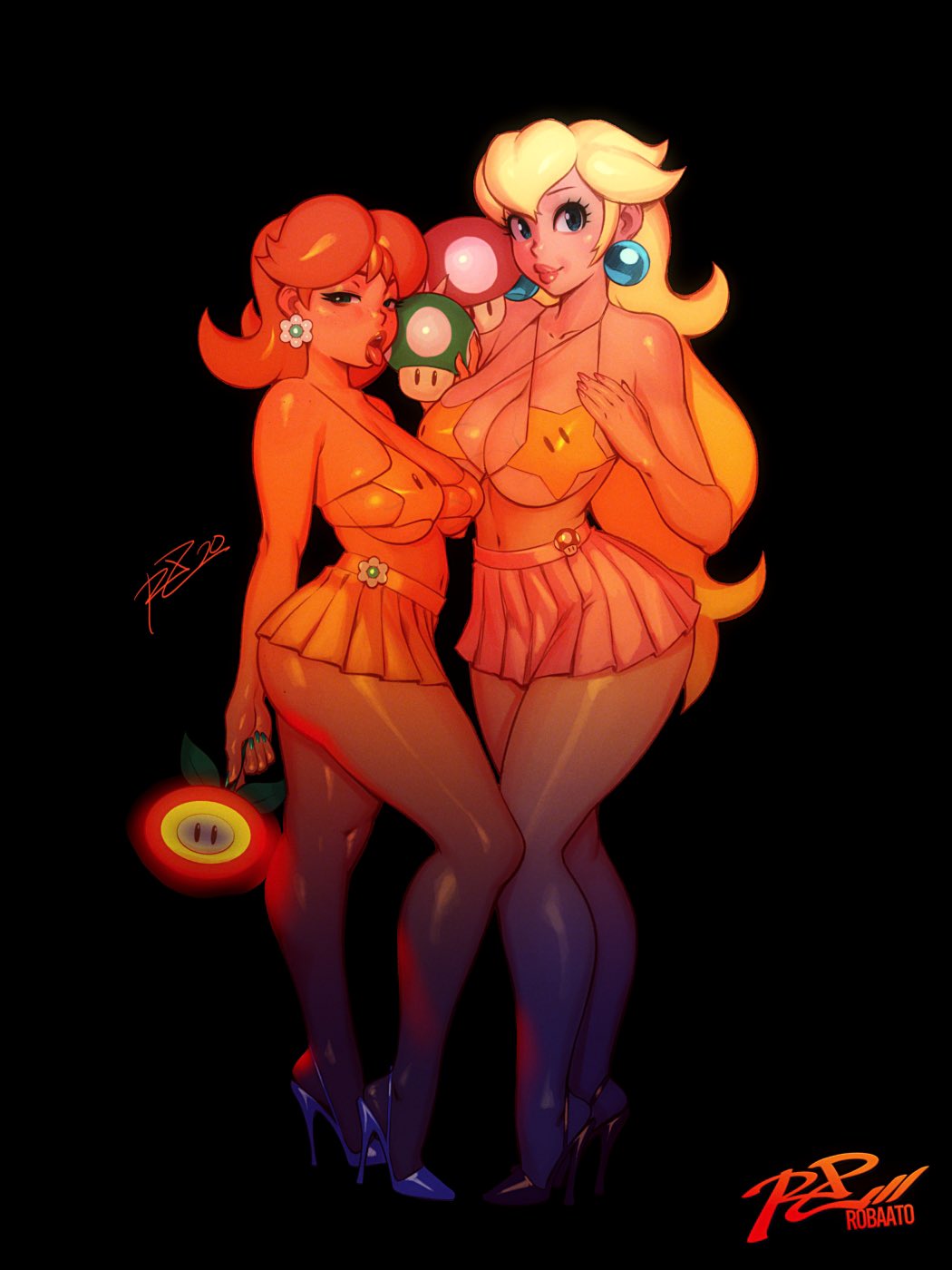 1-up mushroom, 2girls, bikini, bikini top only, black background, blonde hair, blue eyes, breasts, brown hair, cleavage, clothing, covered nipples, criss-cross halter, crossover, earrings, eyeshadow, female, fire flower, flower earrings, footwear, full body, halterneck, heels, high heels, jewelry, large breasts, legs, lips, long hair, long legs, looking at viewer, makeup, mario (series), microskirt, miniskirt, multiple girls, mushroom, naughty face, navel, negarobo, nintendo, orange bikini, orange skirt, phallic symbol, pleated skirt, princess daisy, princess peach, pumps, robaato, sexually suggestive, shoes, simple background, skirt, smile, standing, star (symbol), stiletto heels, strap gap, swimsuit, tan, thick thighs, thighs, tongue, tongue out, underboob, veiny breasts, very long hair