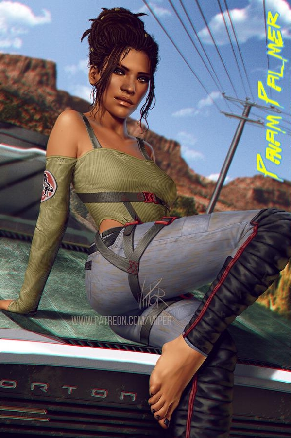 3d, barefoot, clothed female, cyberpunk 2077, feet, female, female only, foot fetish, non-nude, painted toenails, panam palmer, toes, viiperart