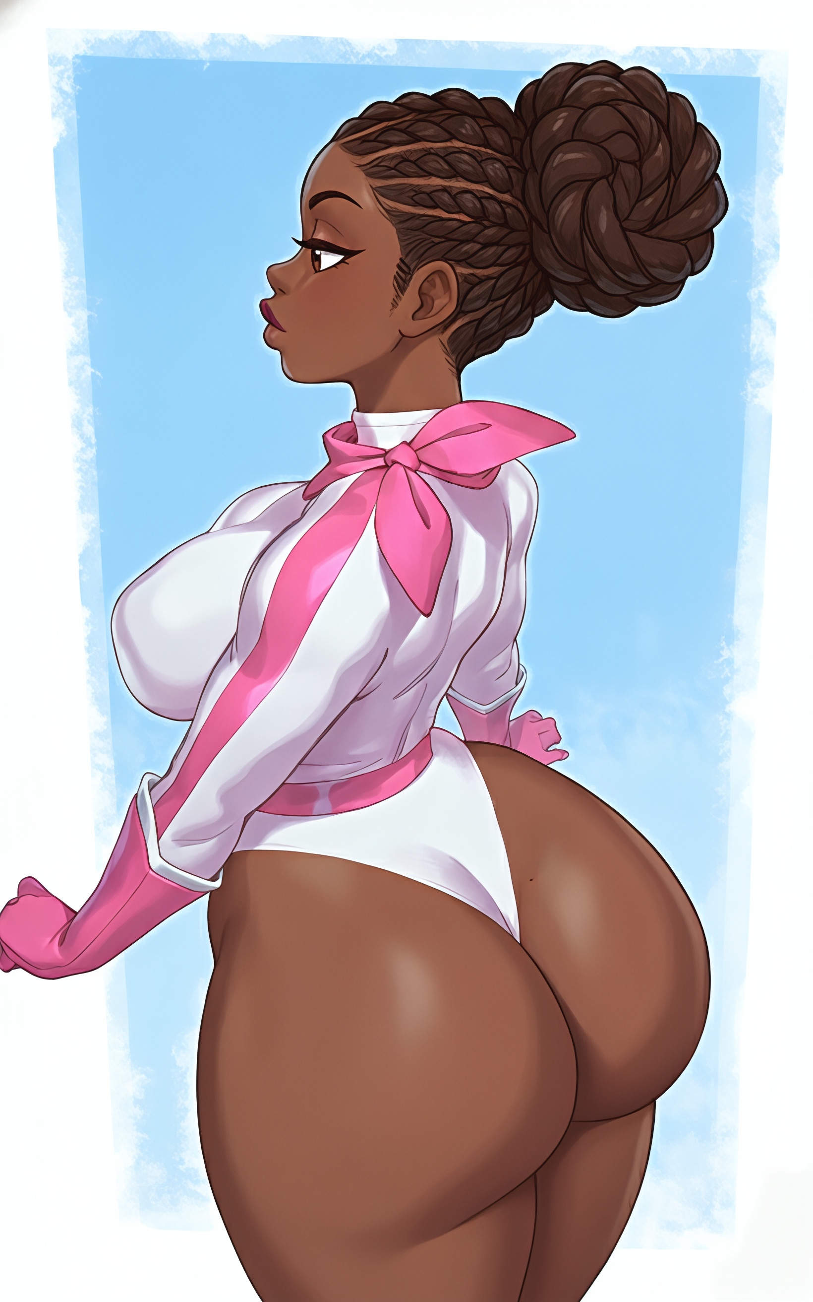 1girls, african female, ai generated, ass, ass focus, back view, big ass, big breasts, black woman, bodysuit, braid, braided hair, braids, breasts, brown eyes, brown hair, dark skin, dark-skinned female, female, female only, hair bun, hair in bun, huge ass, mole, mole on ass, original, original character, solo, solo female, thick ass, thick lips, viewed from behind, white bodysuit