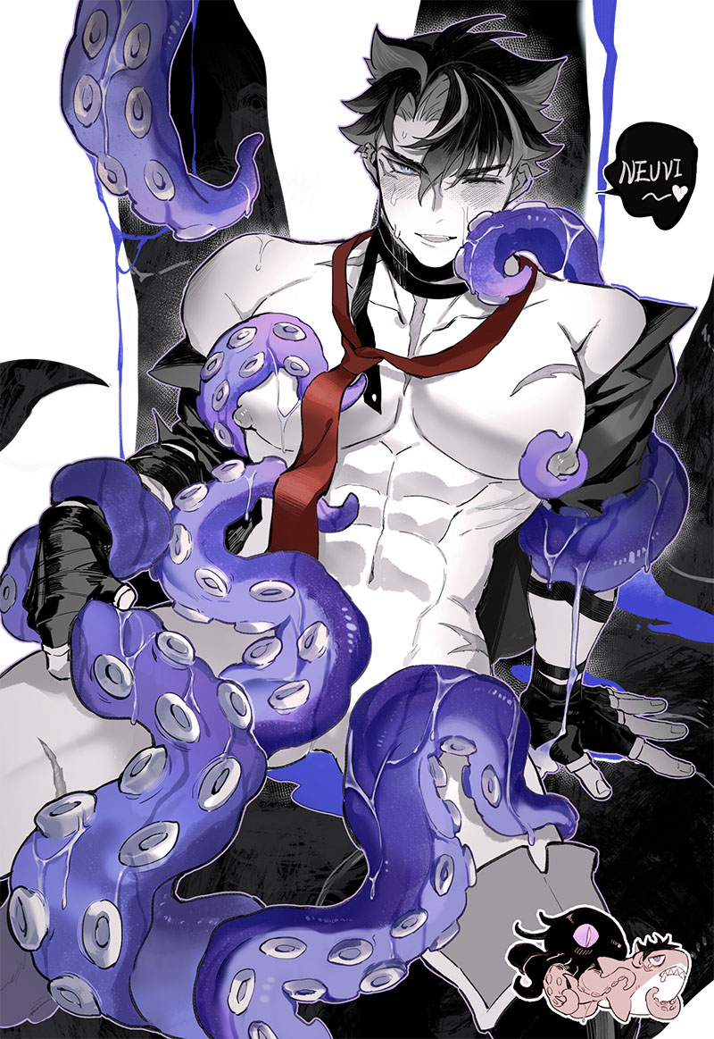 black hair, blush, genshin impact, gloves, male, male only, naked, nipple play, nipples, no color, no genitals, octopus tentacle, tagme, tentacle, tie, wriothesley (genshin impact), zho905511913161