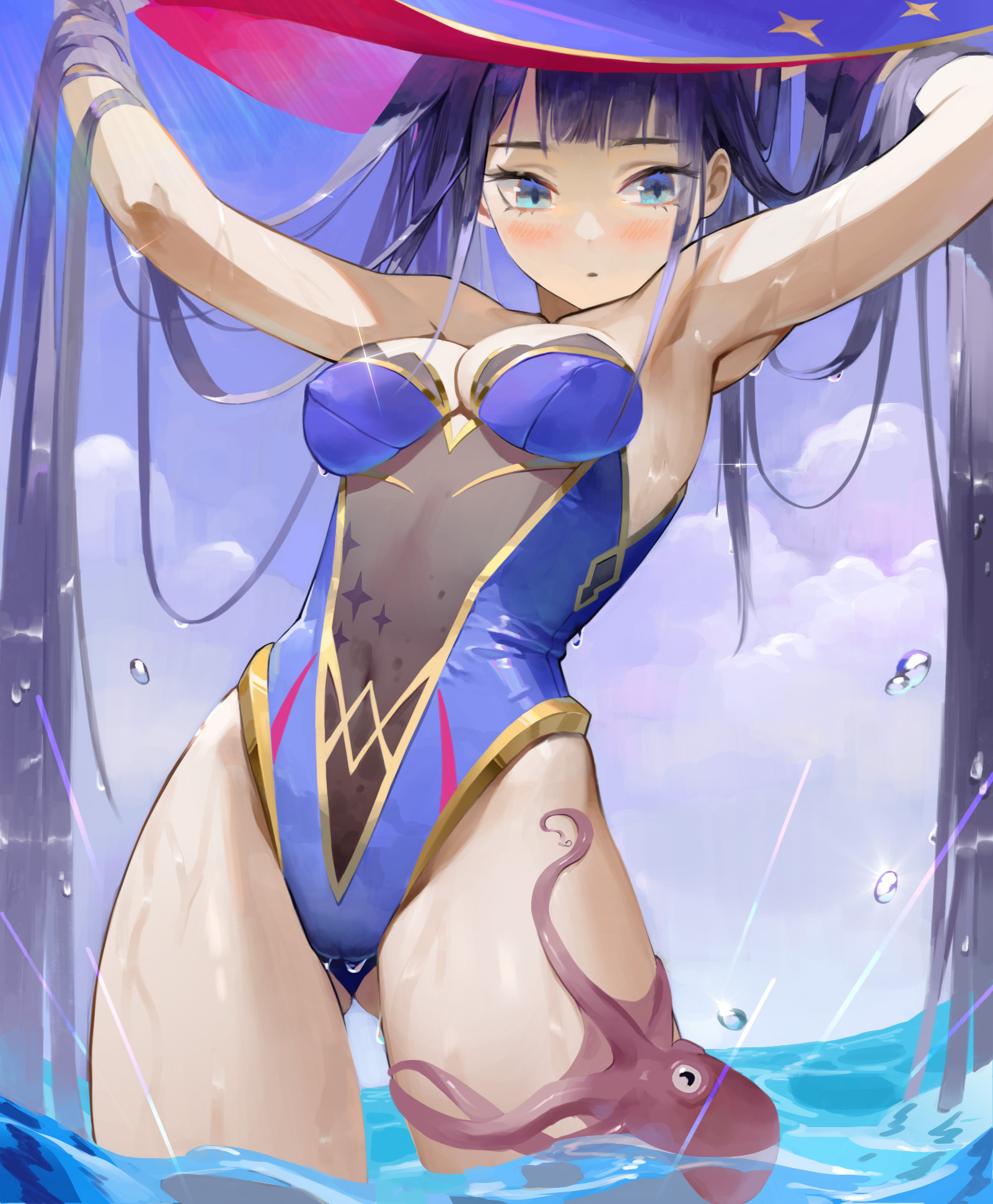 alternate costume, aqua eyes, armpits, arms up, bare arms, bare shoulders, black hair, blunt bangs, blush, cloud, covered erect nipples, covered navel, female, female only, genshin impact, gluteal fold, gold trim, hat, highleg, highleg leotard, highres, jiwoo, leotard, long hair, looking at viewer, midfinger, midfinger22, mona (genshin impact), no legwear, octopus, outdoors, purple leotard, rain, sidelocks, sky, solo, strapless, strapless leotard, thighs, twintails, very long hair, wading, water, wet, witch hat