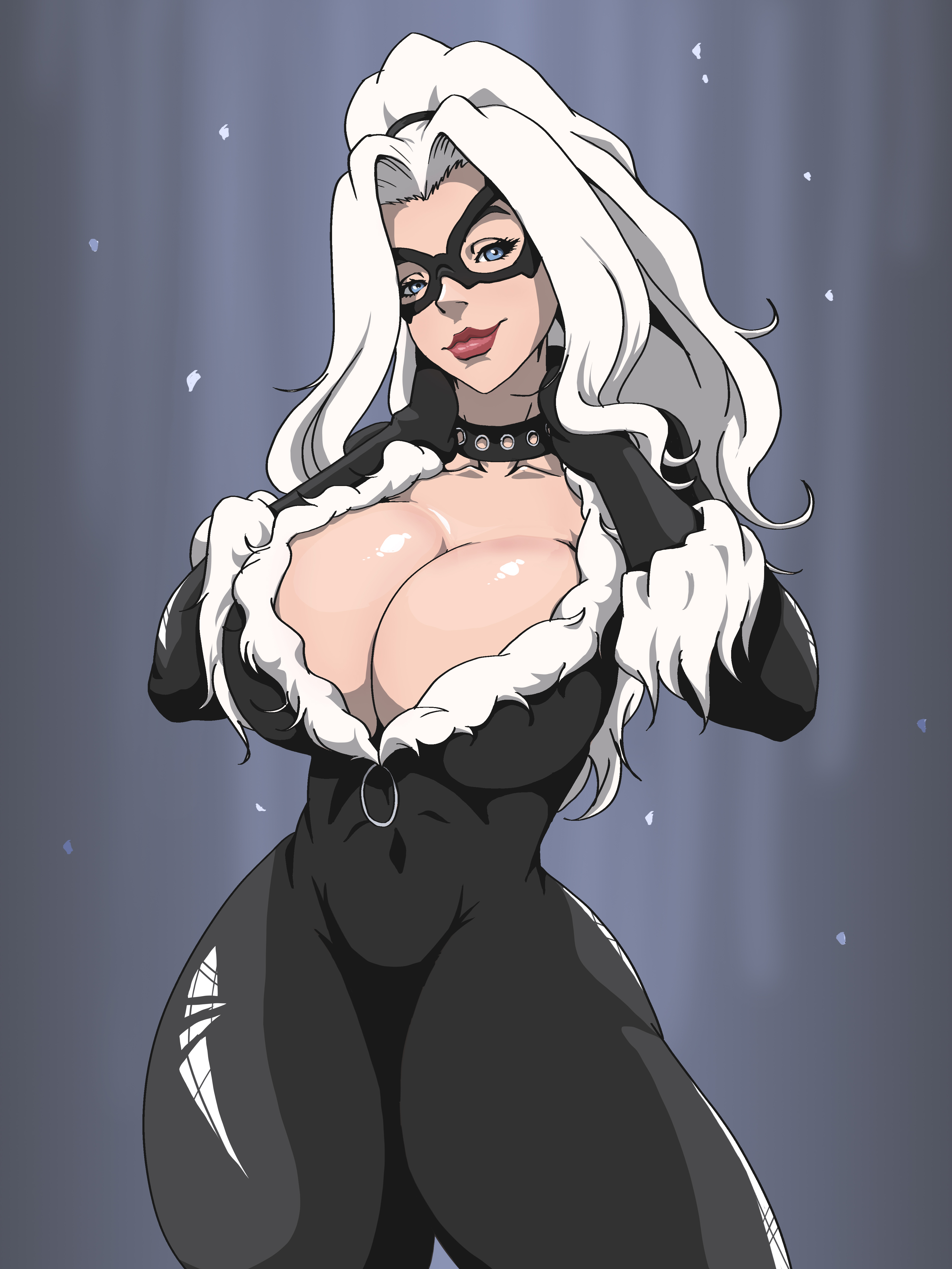 1girls, 2024, big breasts, black cat (marvel), blue eyes, bodysuit, breasts, bursting breasts, choker, collar, curvaceous, curvaceous body, curvaceous female, curvaceous figure, curvaceous hips, curvy, curvy body, curvy female, curvy figure, curvy hips, domino mask, eyemask, felicia hardy, female, high resolution, highres, hips, huge breasts, large breasts, light skin, light-skinned female, marvel, marvel comics, mask, masked, masked female, massive breasts, ponytail, red lipstick, seductive, seductive look, shiny, shiny breasts, shiny skin, skin tight, spider-man (series), superheroine, thick, thick breasts, thick hips, thick lips, thick thighs, tight clothes, tight clothing, voluptuous, voluptuous female, wanderagro893, white fur, white hair, wide hips, zipper