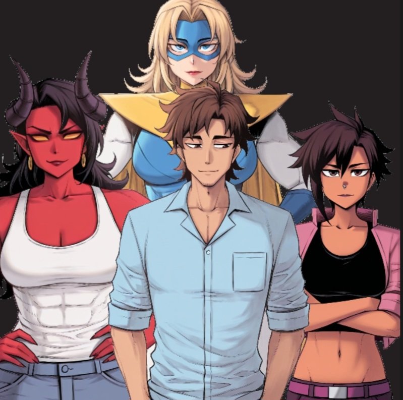 1boy, 3girls, ai generated, big ass, big breasts, big thighs, blonde blazer, breasts, curvaceous, curvy, curvy figure, demon, demon girl, demoness, digital media (artwork), dispatch (game), donsonictaro18, female, half demon, half-demon, hips, huge ass, huge breasts, huge thighs, invisigal, large ass, large breasts, large thighs, legs, light skin, light-skinned female, light-skinned male, male, male/female, malevola gibb, mature, mature female, red body, red skin, robert robertson, slim waist, straight, tan body, tan skin, tan-skinned female, thick, thick hips, thick legs, thick thighs, thighs, tomboy, voluptuous, waist, wide hips, wide thighs