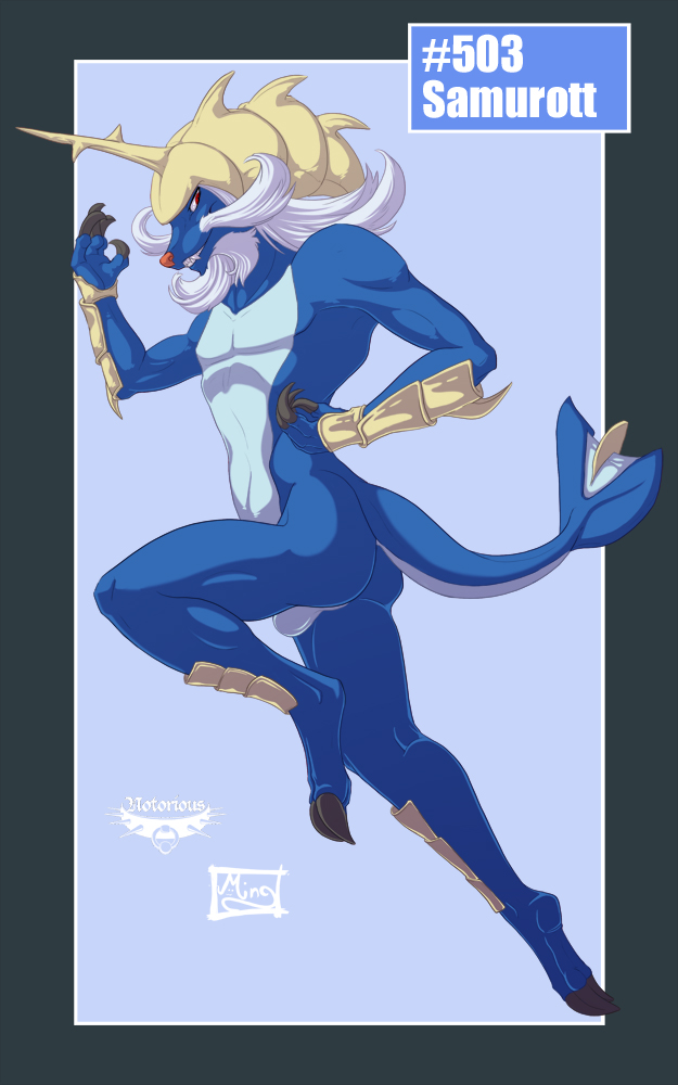 1boy anthro armor ass backsack balls facial_hair hair headgear looking_back male male_only mingchee moustache nintendo notorious84 nude plain_background pokemon pose raised_tail red_eyes samurott solo the_pokedex_project video_games white_hair