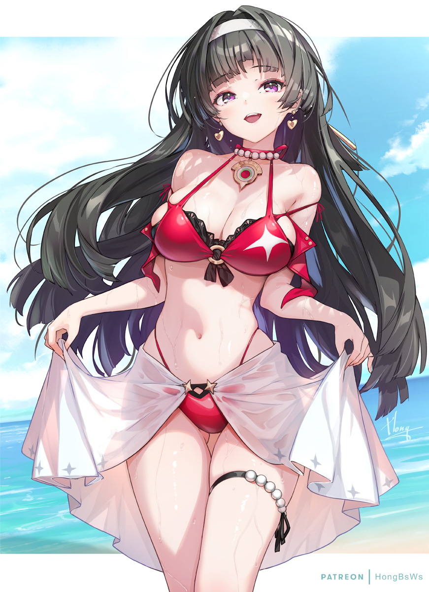 1girls, astra yao, beach, big boobs, big breasts, bikini, bikini bottom, bikini top, black hair, black-haired female, blue sky, breasts, busty, busty female, busty girl, busty teen, clouds, day, daylight, daytime, exposed breasts, eyebrows visible through hair, hairband, head tilt, hong (white spider), hoyoverse, large boobs, large breasts, long hair, mihoyo, open mouth, open mouth smile, parted lips, purple eyes, purple-eyed female, red bikini, red bikini bottom, red bikini top, red swimsuit, red swimwear, sky, smile, smiley face, smiling, smiling at viewer, swimsuit, swimwear, tilted head, tongue, zenless zone zero