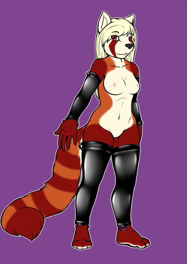 anthro arm_binders bear bondage female fur furry ivory-raven leg_binders mammal model_sheet nude panda pink_eyes red_panda rubber shea solo standing