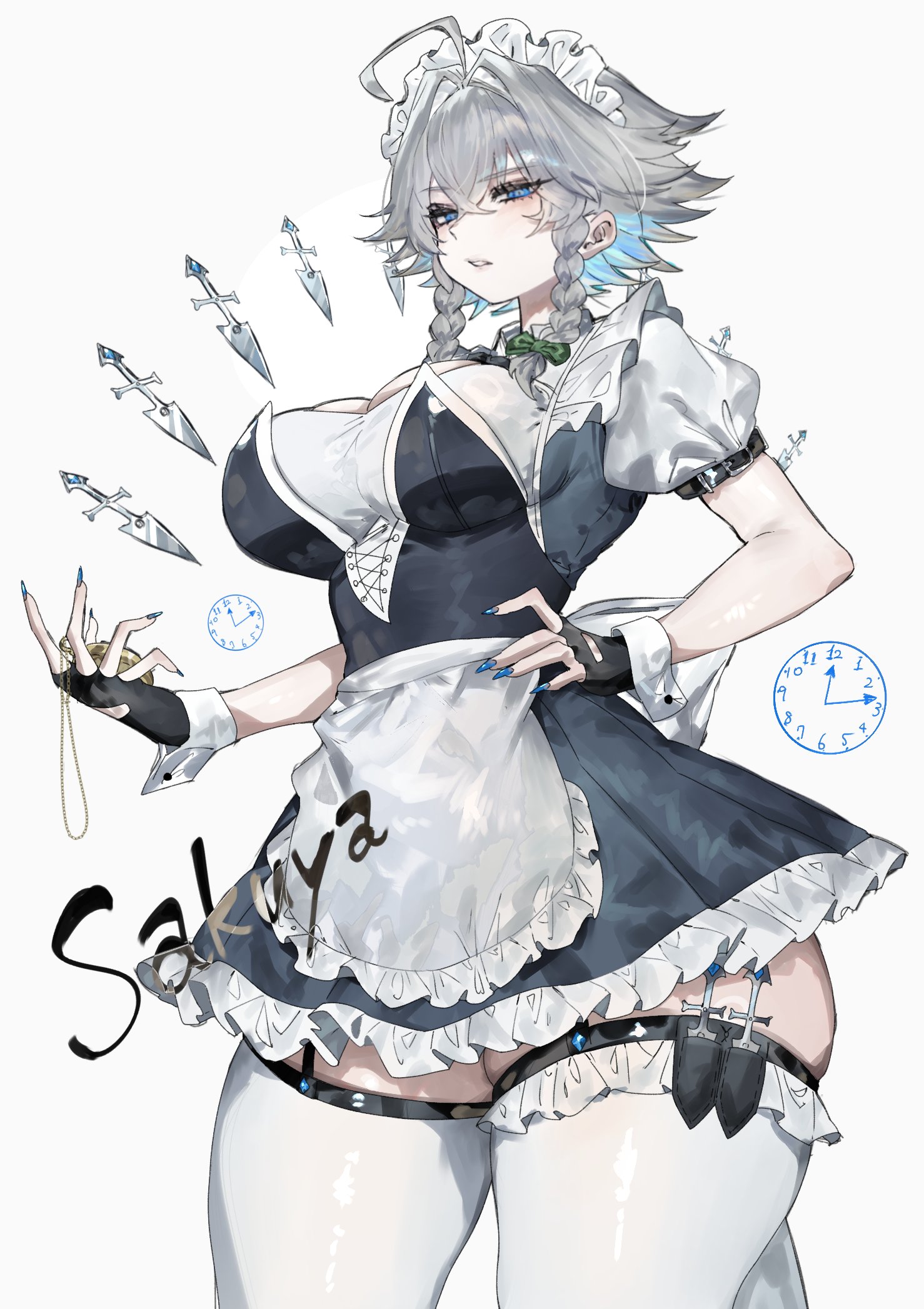 1girls, blue eyes, blue nail polish, english text, female, female only, fingerless gloves, hand on hip, hi res, looking at viewer, maid, maid headdress, maid uniform, sakuya izayoi, solo, text, thick thighs, thighhighs, toge77789, togetoge, touhou, twin braids, white background, white hair, white thighhighs