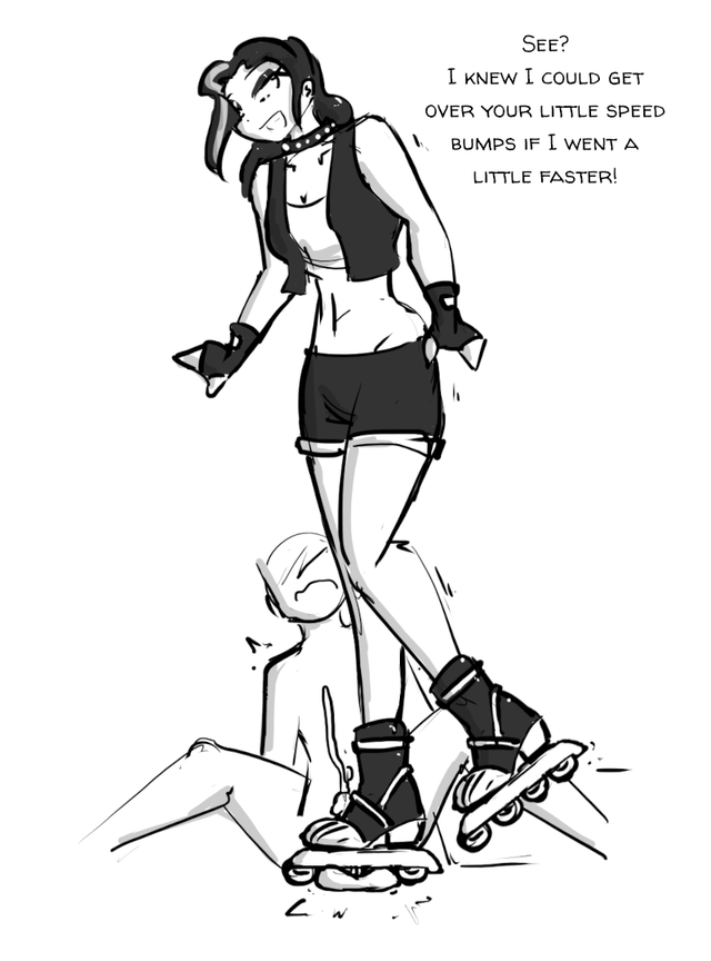 1boy, 1girls, ballbusting, ballbusting induced orgasm, ballbusting orgasm, celera prime, cfnm, clothed female, clothed female nude male, female, femdom, nude male, roller skates, sketch, stomping on balls, tagme