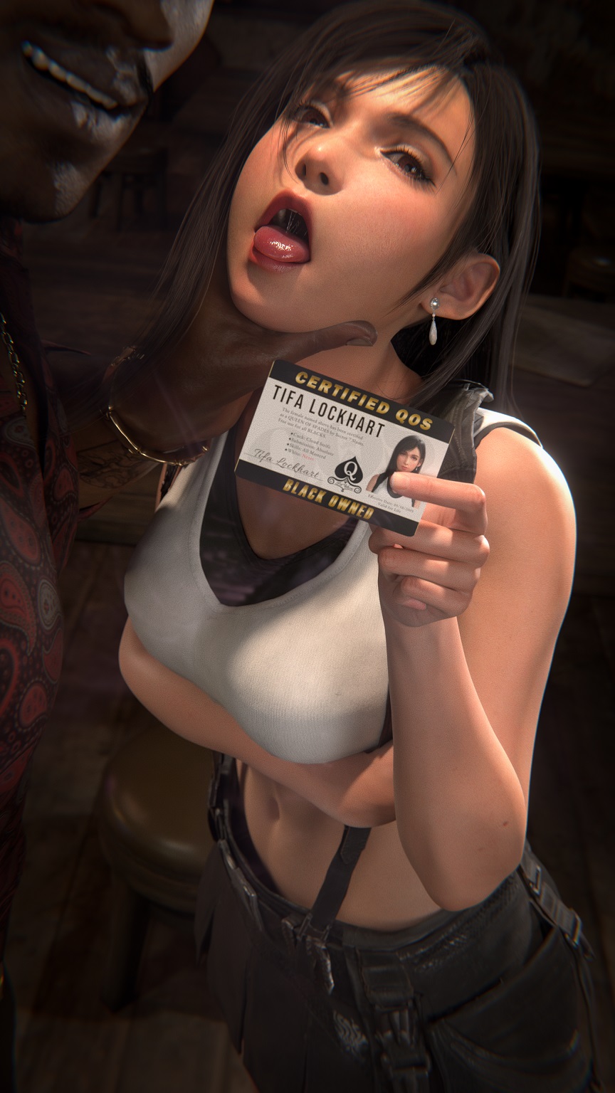 1girls, 3d, black hair, card, cheating, cheating girlfriend, cuck, cuckold, cuckold pov, dark skin, dark-skinned male, earrings, female, final fantasy, final fantasy vii, final fantasy vii remake, hanada iru, identification, interracial, light-skinned female, looking at viewer, netorare, ntr, open mouth, queen of spades, queen of spades symbol, red eyes, sticking out tongue, tifa lockhart