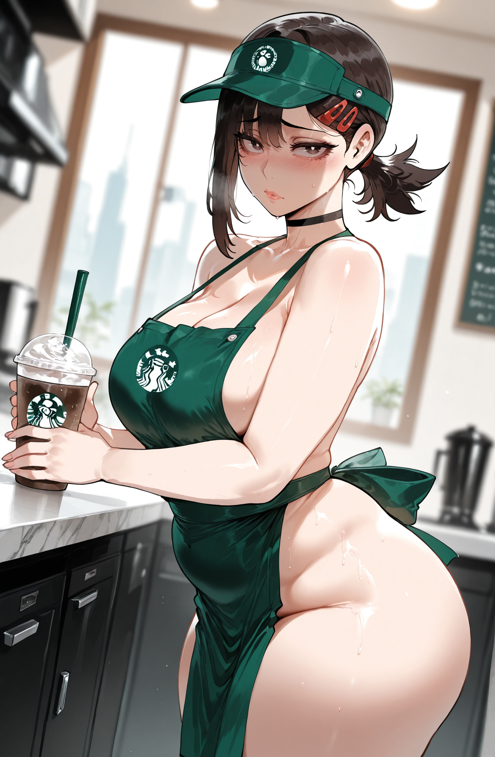 1boy, ai generated, barista, brown hair, chainsaw man, coffee, curvaceous, curvaceous female, curvaceous figure, curvy, curvy body, curvy female, curvy figure, curvy hips, female, higashiyama kobeni, kobeni higashiyama, mature female, miyuai, nervous, shy, starbucks, thick, thick ass, thick legs, thick thighs, uncensored, voluptuous, voluptuous body, voluptuous female