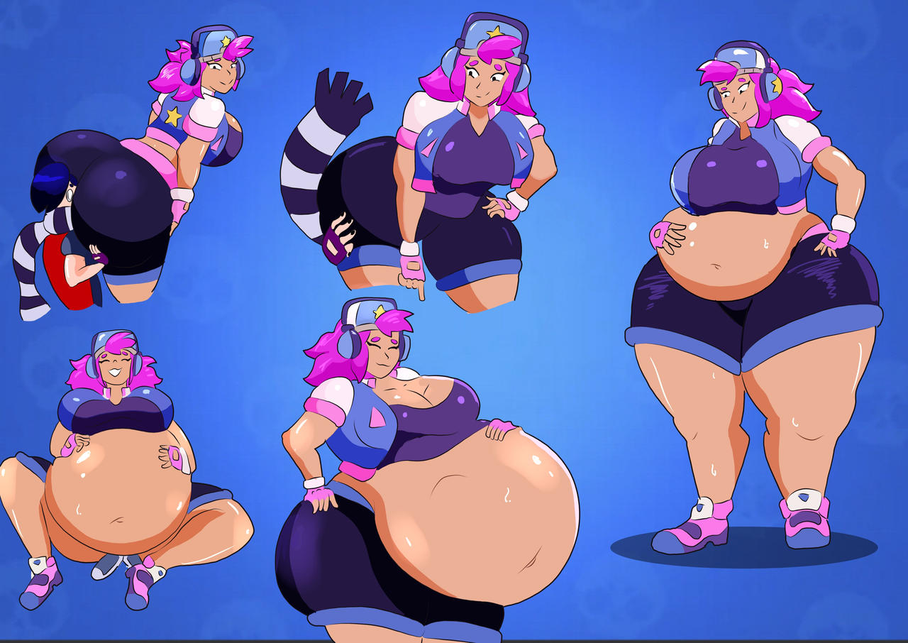 anal vore, ass focus, belly, brawl stars, chubby female, digestion, edgar (brawl stars), fat ass, hyper, hyper belly, hyper breasts, hyper butt, hyper thighs, latina, shelly (brawl stars), skullbitee, vore, vore belly