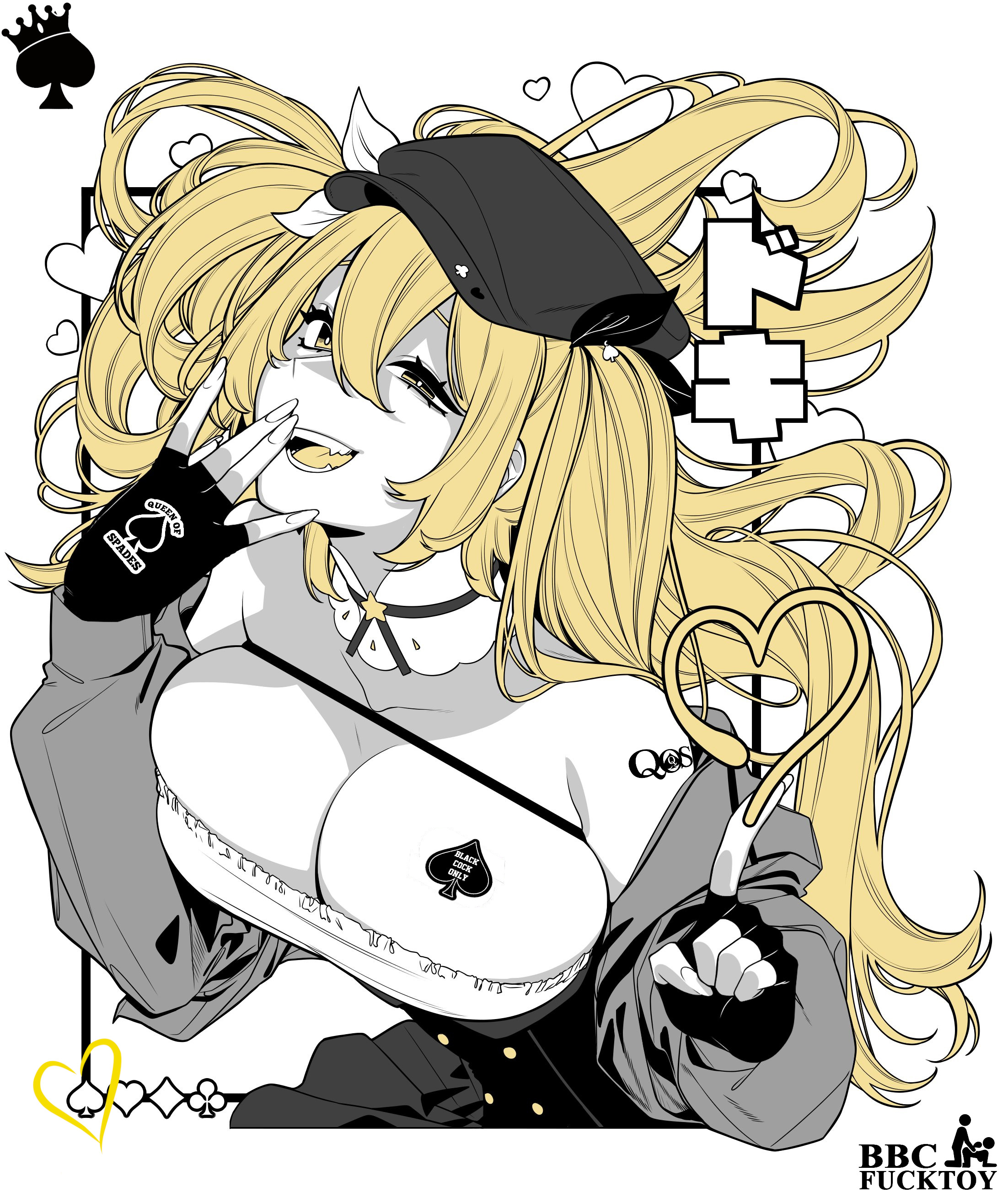 1girls, blacked, blacked female, blonde female, blonde hair, breast tattoo, breasts, busty, busty female, cleavage, dokibird, edit, huge breasts, indie virtual youtuber, interracial, queen of spades, smug, smug face, solo, solo female, tattoo, tattoo on breast, twintails, virtual youtuber