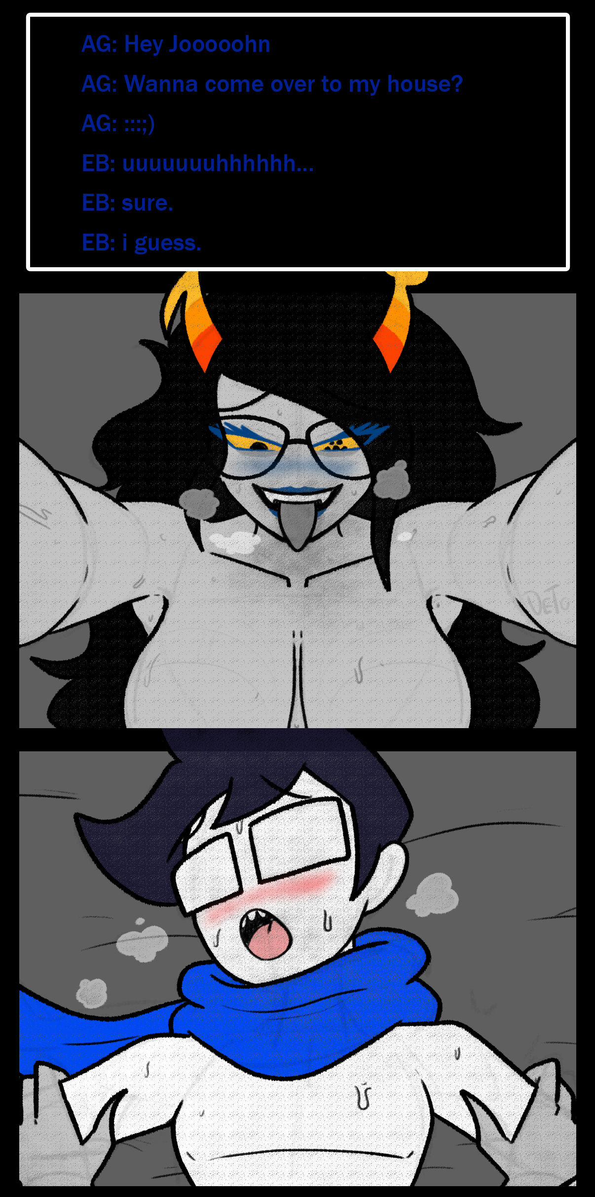 blush, detothetiddu, homestuck, implied sex, john egbert, large breasts, scarf, steamy breath, sweat, tongue, tongue out, vriska serket