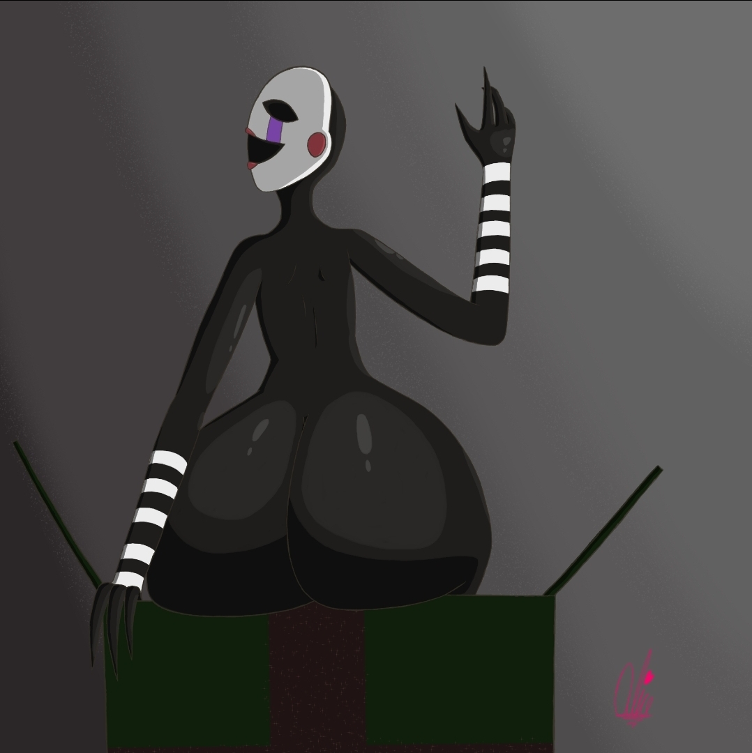 1girls, ass, ass focus, black body, bubble ass, bubble butt, butt focus, classic fnaf 2 marionette, classic fnaf 2 puppet, dat ass, female, female only, five nights at freddy's, five nights at freddy's 2, huge ass, maguito owo, marionette (fnaf), puppet (fnaf), smiling at viewer, smug, solo, tagme, thick thighs, thighs