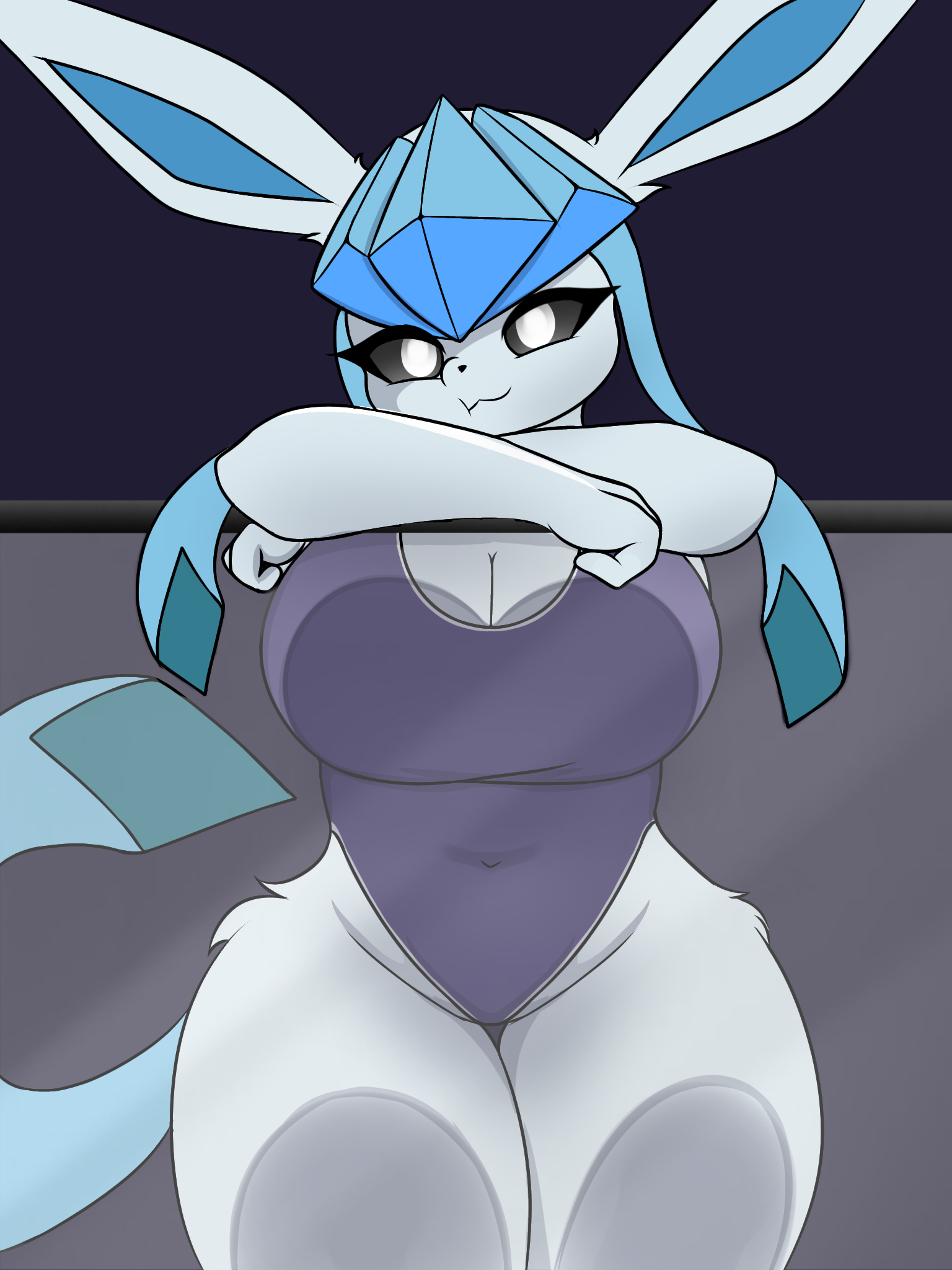 1girls, big breasts, breast squish, breasts, breasts on glass, female, glaceon, huge breasts, lemonade (artist), nintendo, pokemon, pokemon dppt, solo female, swim suit, thigh gap, wide hips