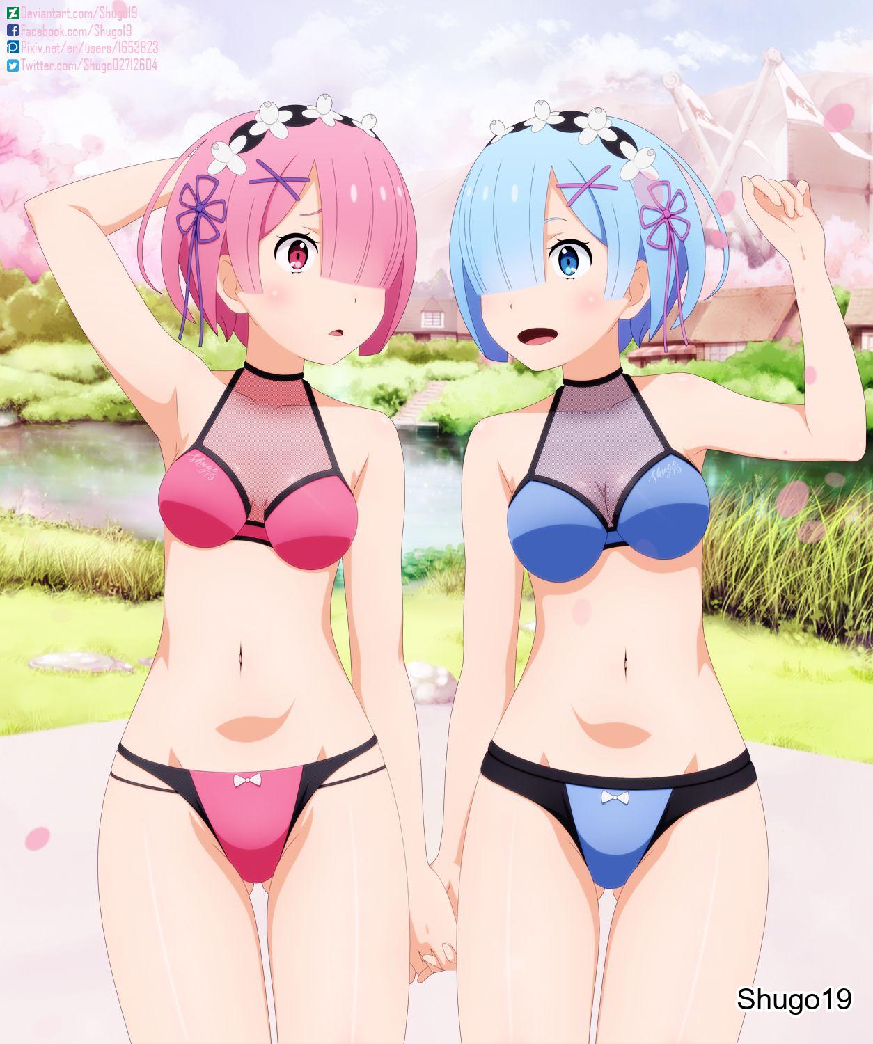 :o, 2d, 2d (artwork), 2d artwork, 2girls, arm above head, arm behind head, arm up, armpit, armpit peek, armpits, ass visible through thighs, bare armpits, bare arms, bare belly, bare hands, bare hips, bare legs, bare midriff, bare navel, bare shoulders, bare skin, bare thighs, belly, belly button, big sister, bikini, bikini bottom, bikini only, bikini top, black hairband, blood related, blue bikini, blue bikini bottom, blue bikini top, blue eyebrows, blue eyes, blue hair, blue sky, blue string bikini, blue swimsuit, blue swimwear, blue-eyed female, blue-haired female, breasts, cleavage, clouds, collarbone, curvaceous, curvaceous body, curvaceous female, curvaceous figure, curvaceous hips, curvaceous teen, curvy, curvy body, curvy female, curvy figure, curvy hips, curvy teen, day, daylight, daytime, digital, digital art, digital drawing, digital drawing (artwork), digital media, digital media (artwork), elbows, exposed armpits, exposed arms, exposed belly, exposed hips, exposed legs, exposed midriff, exposed navel, exposed shoulders, exposed skin, exposed thighs, eyebrows hidden by hair, female, female focus, female only, fingers, groin, hair covering eye, hair ornament, hair ornaments, hair over eye, hair over one eye, hairband, half naked, half nude, hand above head, hand behind head, hand holding, hand up, hands clasped, hands together, high resolution, highres, holding hands, inguinal crease, inguinal ligament, interlocked fingers, lean figure, little sister, medium breasts, midriff, multiple females, multiple girls, naked, naked female, naked woman, narrow waist, navel, nude, nude female, nudity, older sister, open mouth, outdoor, outdoor nudity, outdoors, outside, parted bangs, parted lips, pink bikini, pink bikini bottom, pink bikini top, pink eyebrows, pink eyes, pink hair, pink hair female, pink string bikini, pink swimsuit, pink swimwear, pink-eyed female, pink-haired female, posing, ram (re:zero), re:zero kara hajimeru isekai seikatsu, rem (re:zero), semi nude, short hair, shoulders, shugo19, siblings, sister and sister, sisters, sky, slender body, slender waist, slim waist, small breasts, standing, string bikini, swimsuit, swimwear, thigh gap, thighs, tongue, upper body, wide hips, younger sister