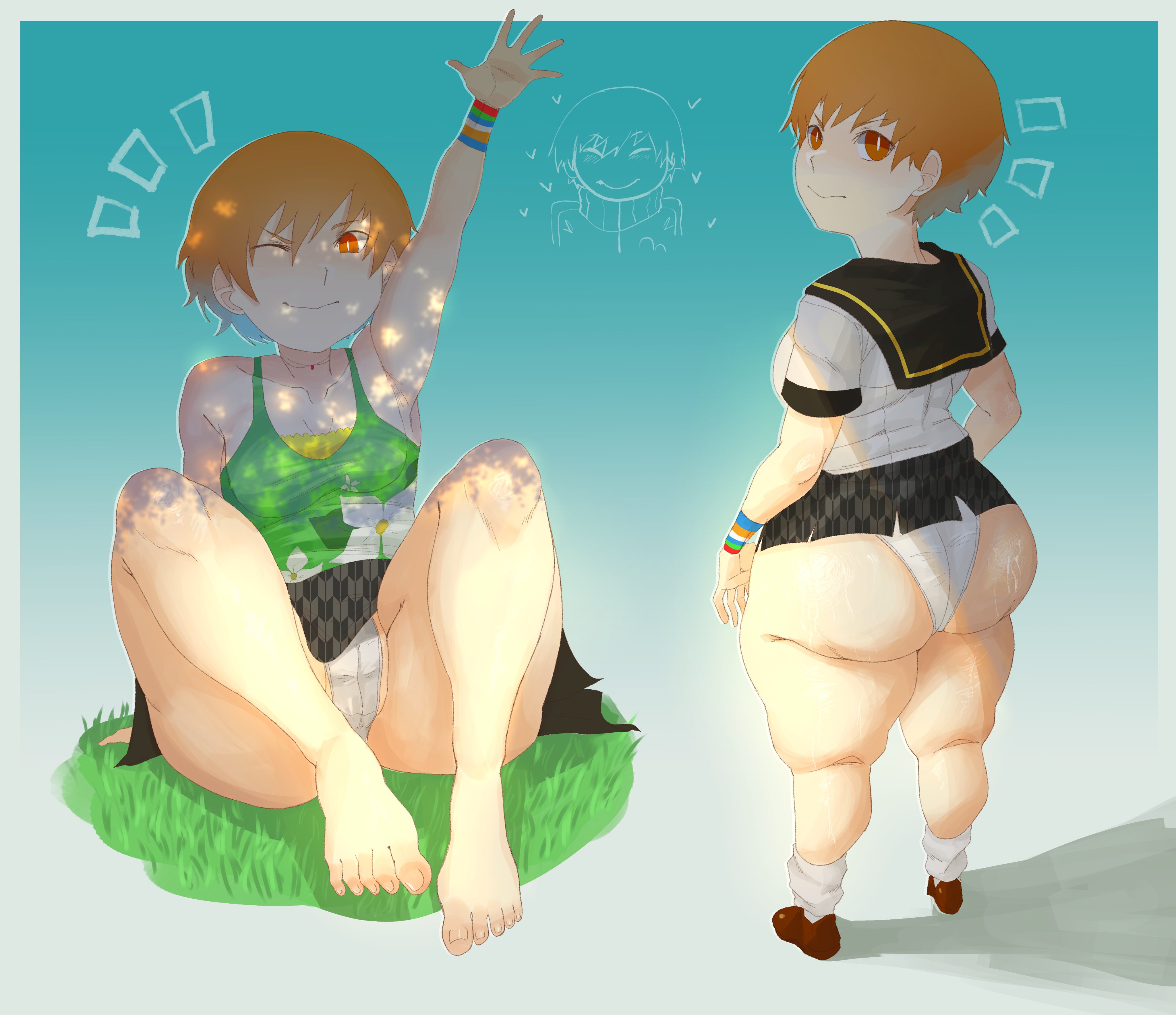 1girls, ass, atlus, bottomwear, brown hair, female, huge ass, kyokeer, panties, pantyshot, persona, persona 4, satonaka chie, school uniform, shortstack, thick thighs, upskirt, waving