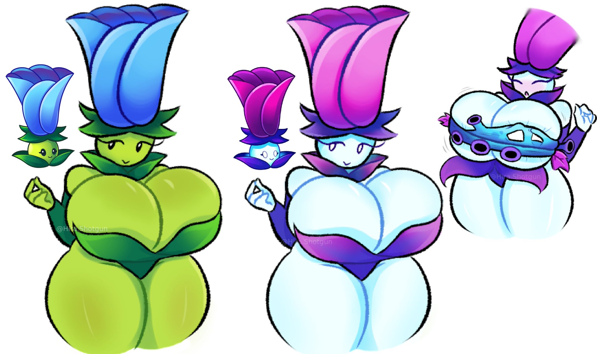 1female, 1girls, 2d, 2d (artwork), 2d artwork, alternate color scheme, big breasts, breasts, breasts bigger than head, cleavage, color, cute, cute face, cute female, deep cleavage, digital drawing (artwork), digital media (artwork), female, female focus, female only, flower, flower girl, flower on head, front view, gloom vine (pvz), green body, green clothing, green skin, headwear, hira.shotgun, huge breasts, large breasts, moonflower (pvz), plant, plant girl, plants vs zombies, popcap games, purple clothing, simple background, thick, thick thighs, voluptuous, voluptuous body, voluptuous female, wardrobe malfunction, white body, white skin