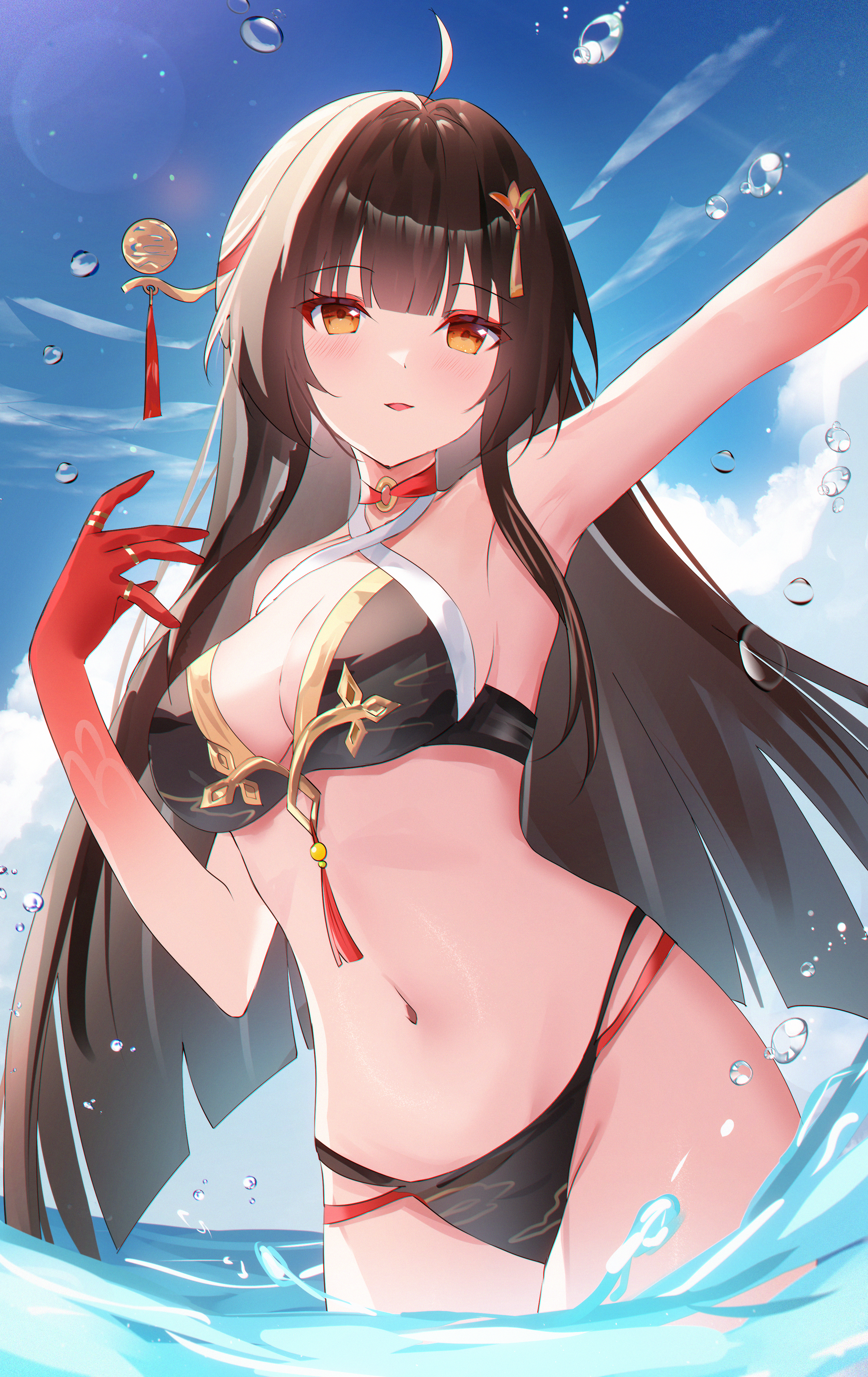 1girls, armpits, belly, black hair, black swimsuit, brown eyes, honkai: star rail, hoyoverse, lingsha (honkai: star rail), long hair, mihoyo, swimsuit, water