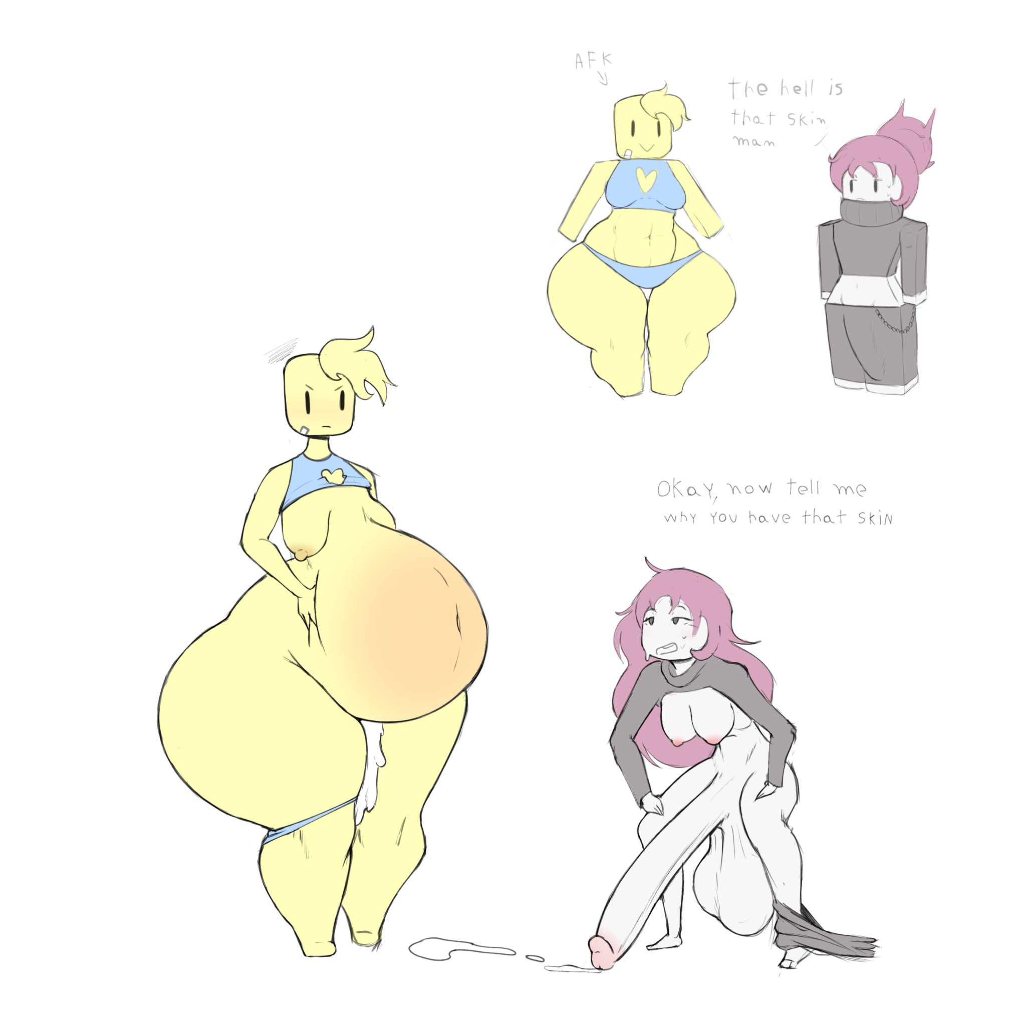 2026, afk, after sex, anatomy, annoyed, annoyed expression, annoyed male, arm, arms, bandage on face, big ass, big balls, big butt, big thighs, blush, blushing, blushing male, context, cum, cum drip, cum in ass, cum inside, cumflated belly, cumflation, english, english text, eyes, face, femboy, futa is bigger, futa on male, futa penetrating male, futa/male, futanari, futanari penetrating male, guest (roblox), hair, head, hermaphrodite penetrating male, huge cock, image, impregnation, inflation, intersex penetrating male, intersex/male, large penis, leg, legs, legwear, long hair, long penis, megamor, moobs, mouth, noob, pink hair, purple hair, roblox, robloxian, shirt lift, shirt up, side view, size difference, skimpy clothes, small breasts, standing, stomach, straight, swollen belly, tagme, text, text box, white background, white body, wide hips, wide thighs, yellow body, yellow hair
