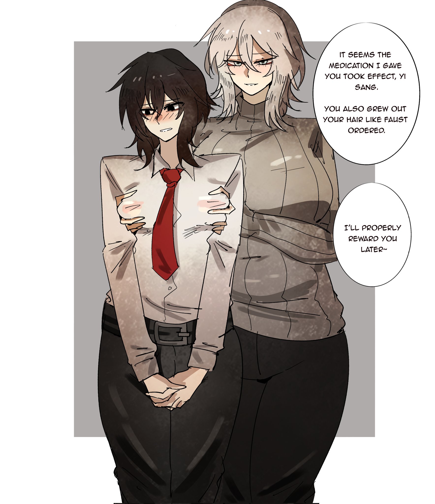 1boy, 1girls, arczaeon, breast grab, dialogue, faust (limbus company), female, feminization, hormone breasts, limbus company, male, project moon, standing, tagme, text, transformation, yi sang (limbus company)