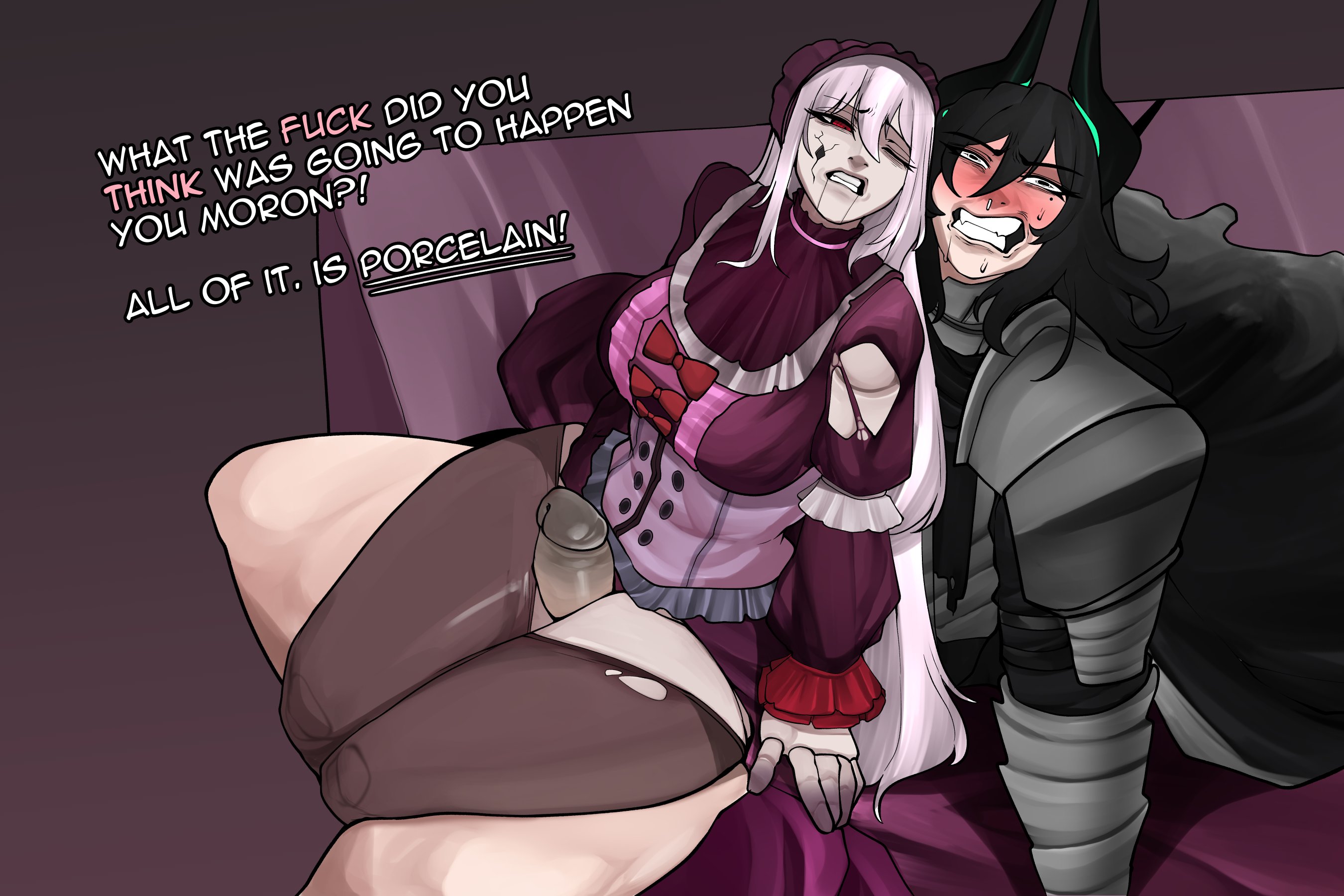 armor, brothbowl, long hair, noro (n0r0), outercourse, penis, penis between thighs, pink hair, porcelainmaid, red eyes, thigh sex, virtual youtuber