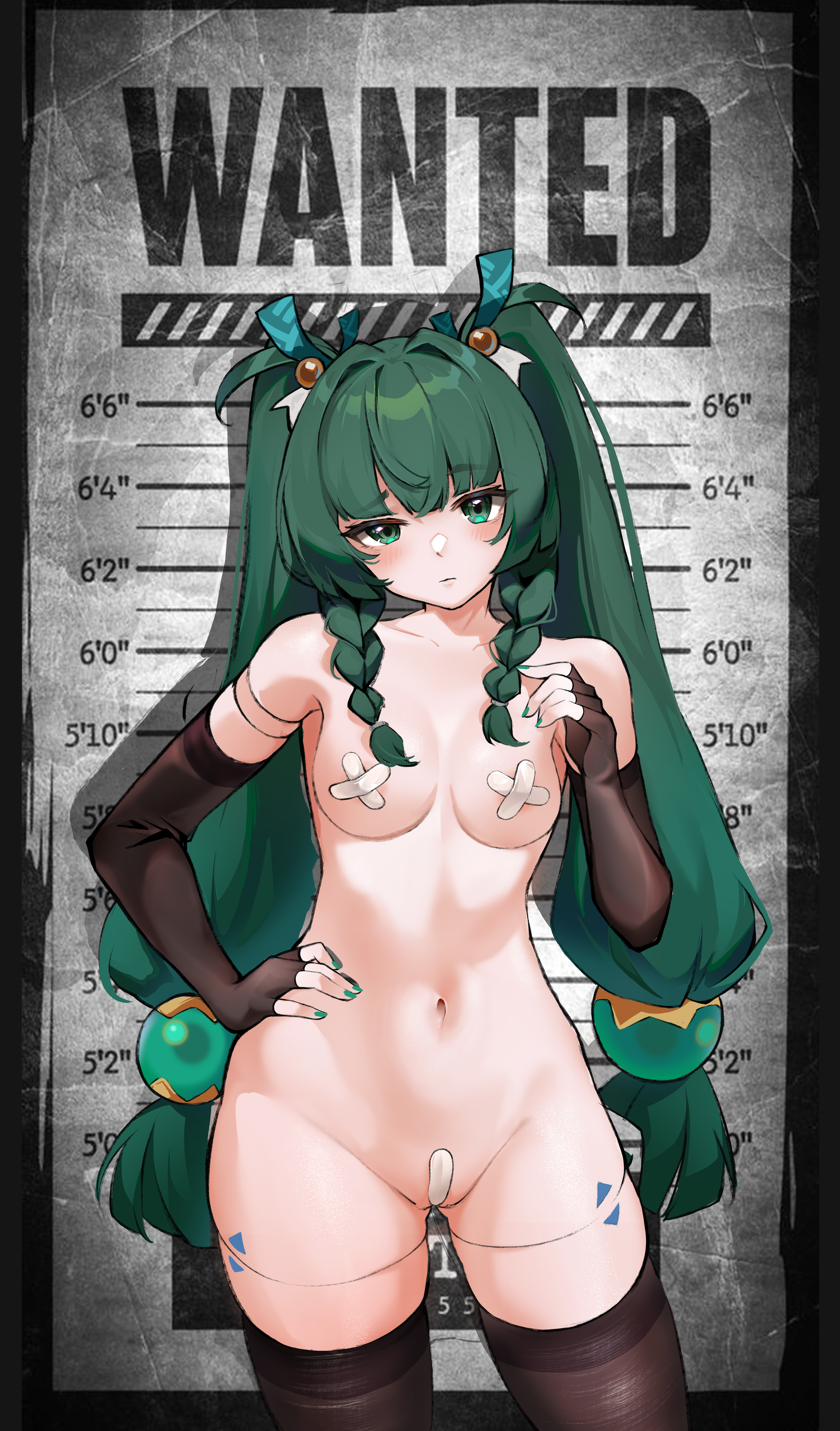 1female, android, bandaid, female, green eyes, green hair, green nail polish, maebari, mecha musume, mugshot, nail polish, naked, pasties, qian tan, qingyi (zenless zone zero), solo, thighhighs, zenless zone zero