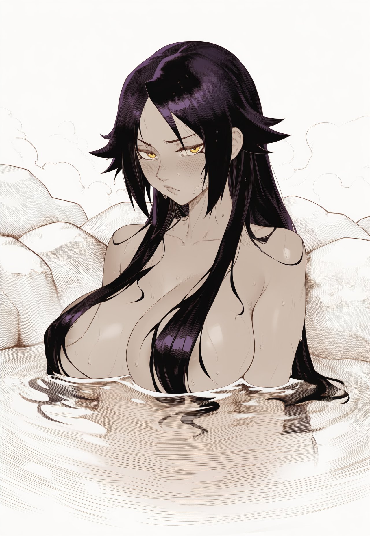 1girls, 2d, 2d (artwork), ai generated, bathing, big breasts, black hair, bleach, blush, blush stickers, blushing, breasts, cleavage, closed mouth, collarbone, completely naked, completely naked female, completely nude, completely nude female, convenient censoring, dark hair, dark skin, dark-skinned female, digital media, fanart, female, female focus, female only, hair censor, hair covering breasts, hair down, hair flaps, hair over breasts, highres, hot spring, hot springs, in water, kagetsu, kagetsumoon, large breasts, long hair, looking at viewer, monochrome, naked, naked female, nude, nude female, onsen, parted bangs, partially submerged, pensive, purple hair, ripples, rock, shihouin yoruichi, shiny hair, shiny skin, sidelocks, solo, solo female, solo focus, steam, straight hair, thinking, topless, topless female, upper body, very long hair, water, wet, wet hair, yellow eyes