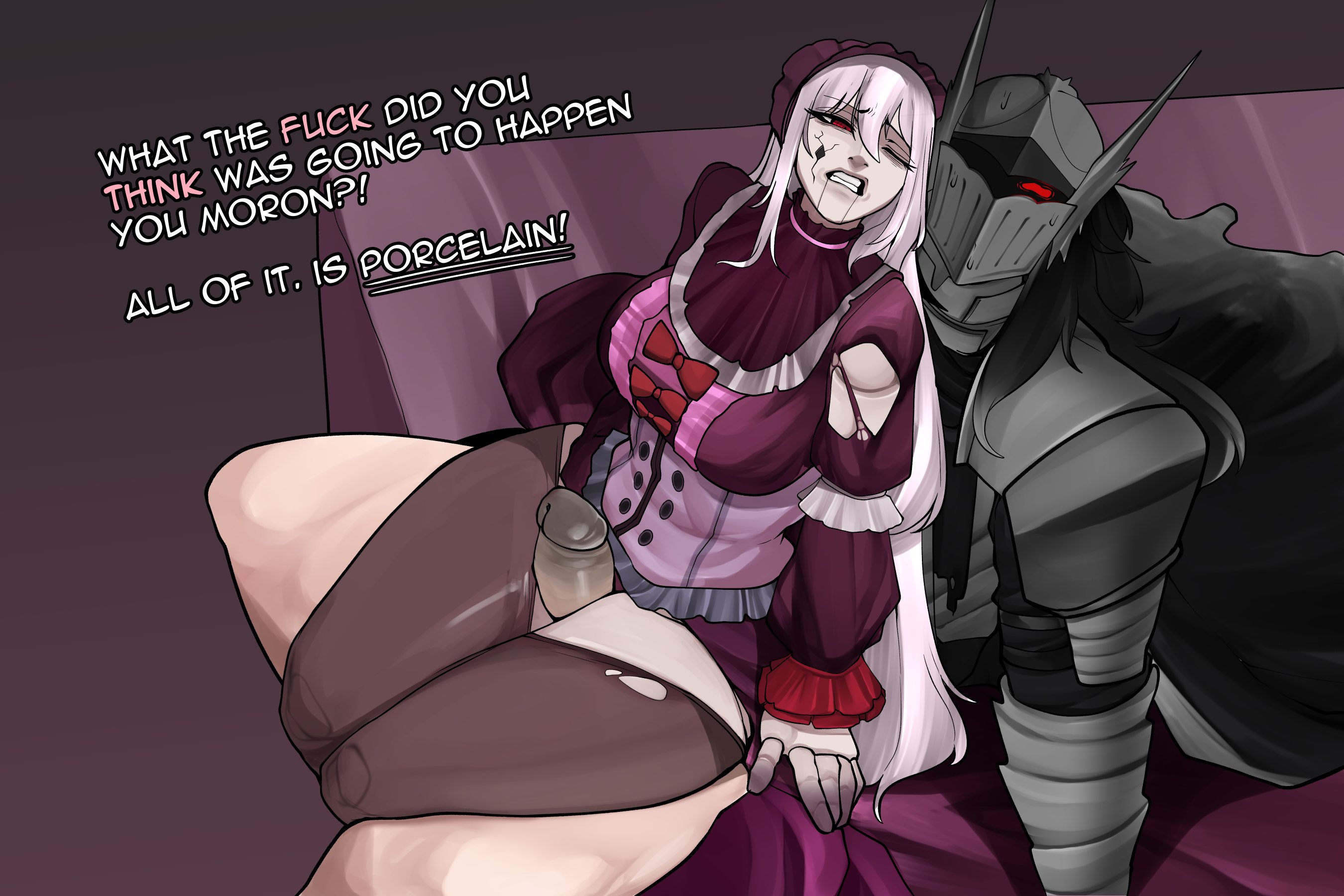 armor, brothbowl, long hair, noro (n0r0), outercourse, penis, penis between thighs, pink hair, porcelainmaid, red eyes, thigh sex, virtual youtuber