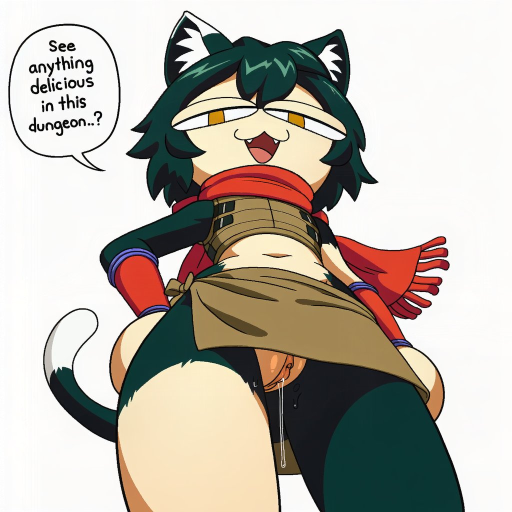 ai assisted, ai generated, belly, cat ears, cat tail, catgirl, dungeon meshi, english text, fangs, female, from below, izutsumi, kokenaart, neco spirit, pussy, pussy juice, solo, tail, tsukihime