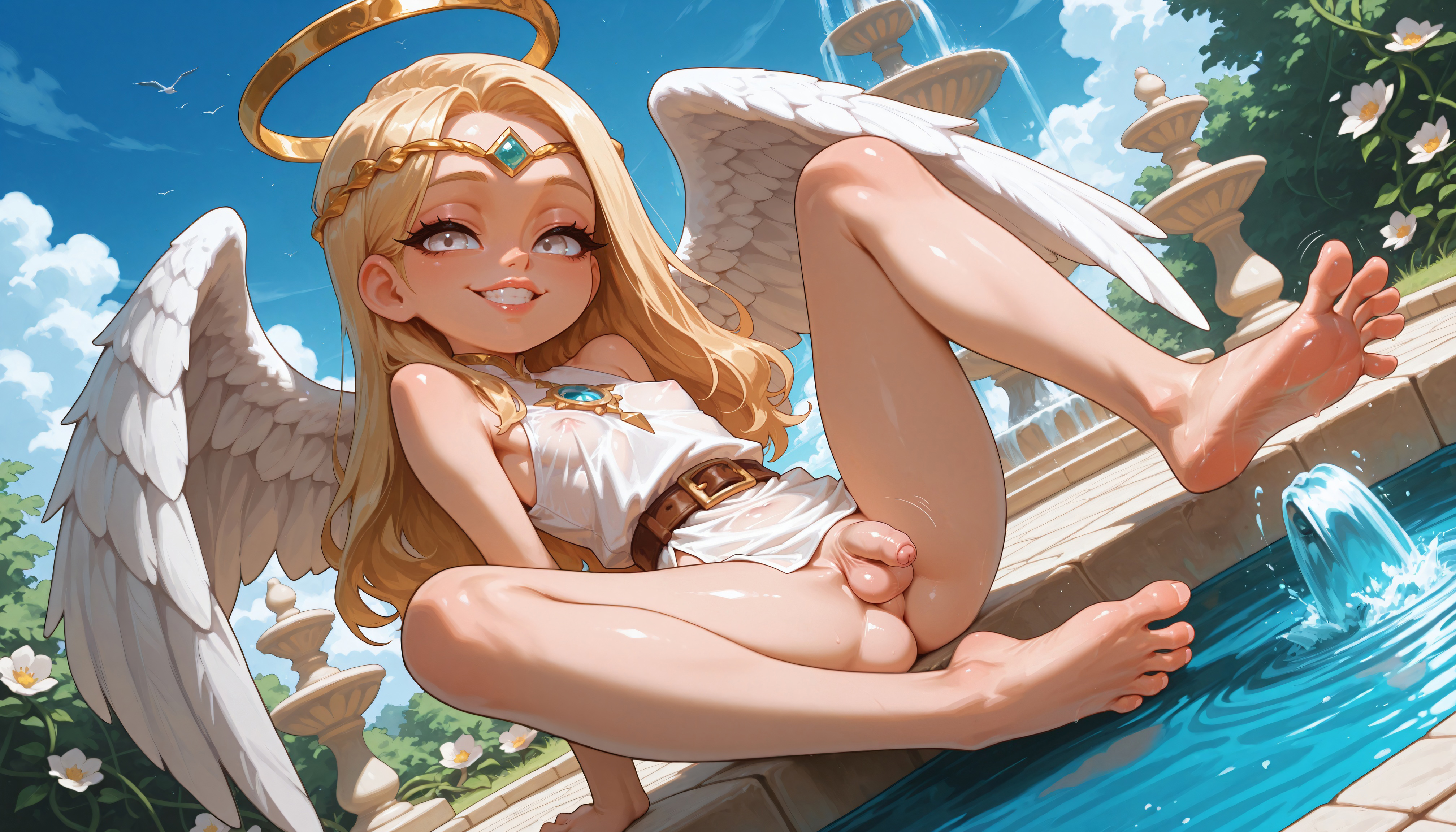 1futa, 4k, absurd res, ai generated, angel, angel wings, animal, arm support, bangs, bare shoulders, barefoot, belt, bird, blonde hair, blue sky, blush, bottomless, breasts, brown belt, bush, bushes, circlet, clothing, cloud, covered erect nipples, covered nipples, crossdressing, day, dickgirl, dress, erect nipples under clothes, feathered wings, feathers, feet, flaccid, flower, foreskin, fountain, full body, futanari, grass, grin, halo, hi res, high resolution, highres, illustrious (stable diffusion), intersex, jaja ai, jewelry, landscape, legs, little penis, long hair, looking at viewer, male, marble (stone), necklace, original, otoko no ko, outdoors, penis, puffy nipples, self upload, sitting, sky, sleeveless, sleeveless dress, small breasts, small penis, smile, soles, solo, spread legs, spread toes, stable diffusion, teeth, testicles, toenails, toes, tunic, uncensored, very high resolution, wai-nsfw-illustrious-sdxl, wallpaper, water, white dress, white eyes, white wings, wings, yellow halo