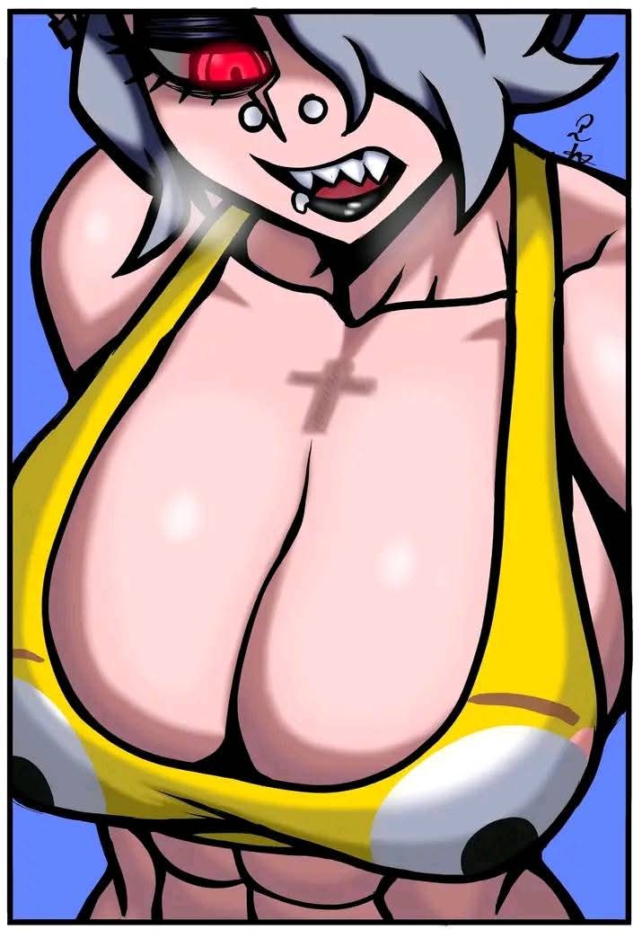 abs, big breasts, black lipstick, bust, cleavage, cleavage cutout, female, female only, flushed emoji, flushed emoji shirt, helltaker, huge breasts, meme, muscular, muscular female, piercings, sports bra, sportswear, steam, steamy breath, strong female, thieviusa, white hair, zdrada (helltaker)