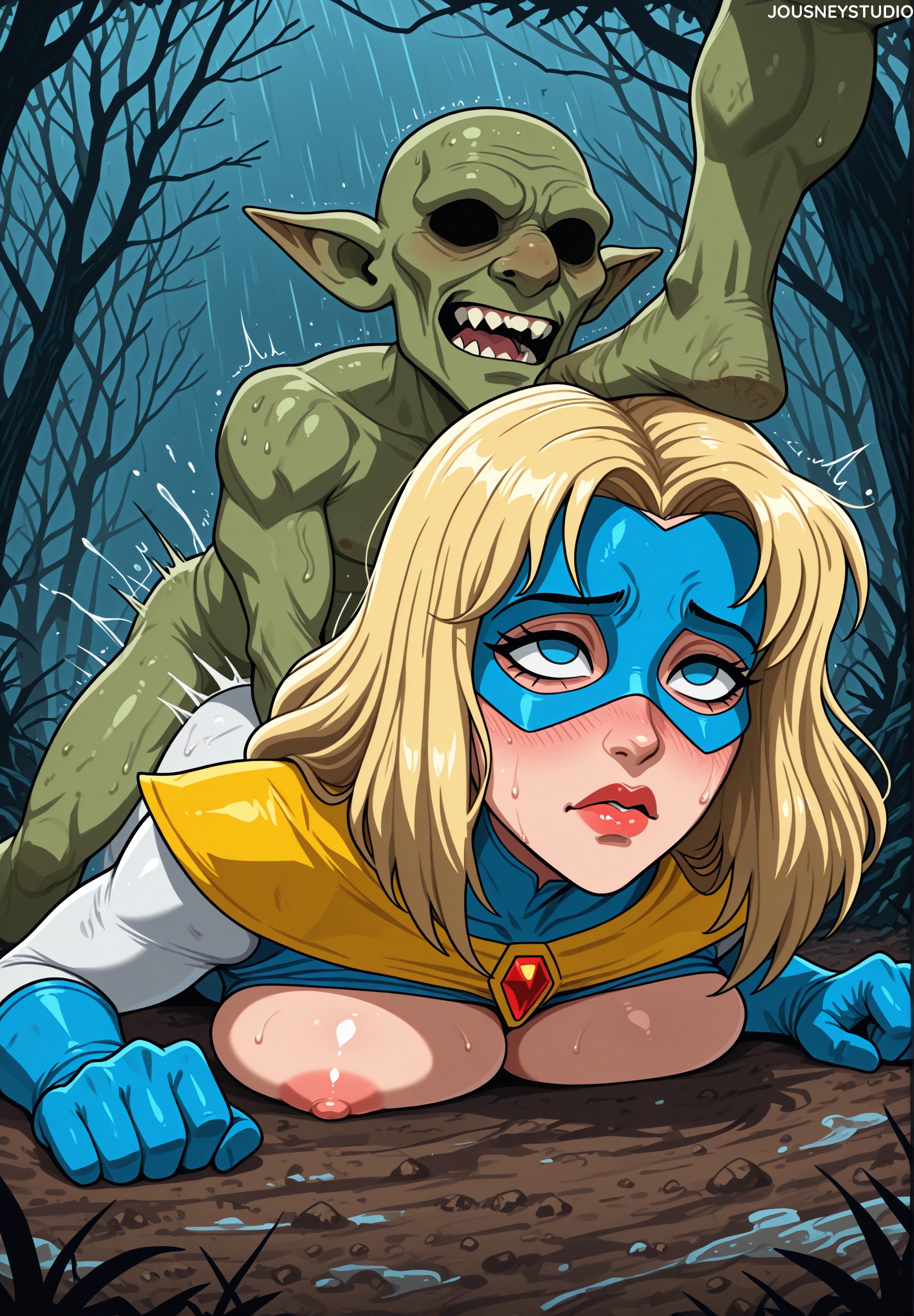 1boy, ai generated, artist name, ass, blonde blazer, blonde hair, blue eyes, blue gloves, blush, bodysuit, boy on top, breast press, breasts, breasts out, clenched hands, clothed female nude male, clothing, colored skin, cum, defeat, defeat sex, defeated, defeated heroine, dispatch (game), domino mask, emotionless sex, eye mask, female, gloves, goblin, green skin, implied sex, interspecies, jousneystudio, large breasts, lips, long hair, lying, male, mask, medium hair, nipples, nose, nude, on ground, on stomach, open mouth, outdoors, pointy ears, prone bone, rain, rape, red lips, rolling eyes, sex, sex from behind, shiny skin, straight, superhero, sweat, taken from behind, teeth, tree, web address